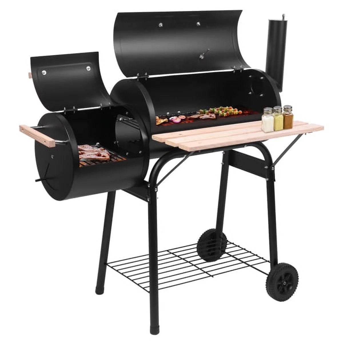 Charcoal Grill with Offset Smoker & Side Table, Portable Outdoor Camping Barrel BBQ Oven with Wheels, Black