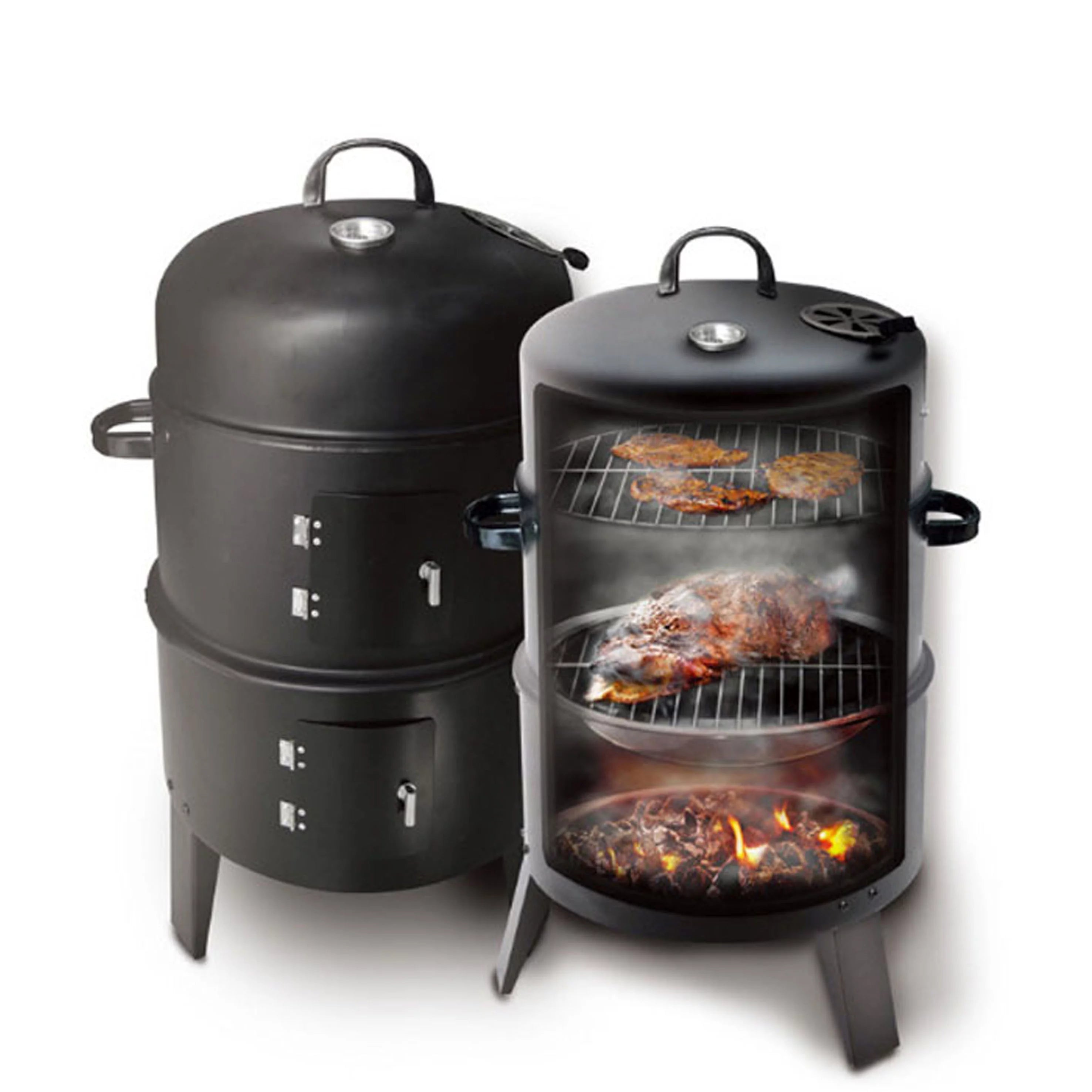 CUISILAND Multifunction Charcoal BBQ Smoker, Round Grill Cooker with Built-in Thermometer and Hangers for Outdoor Cooking Grilling