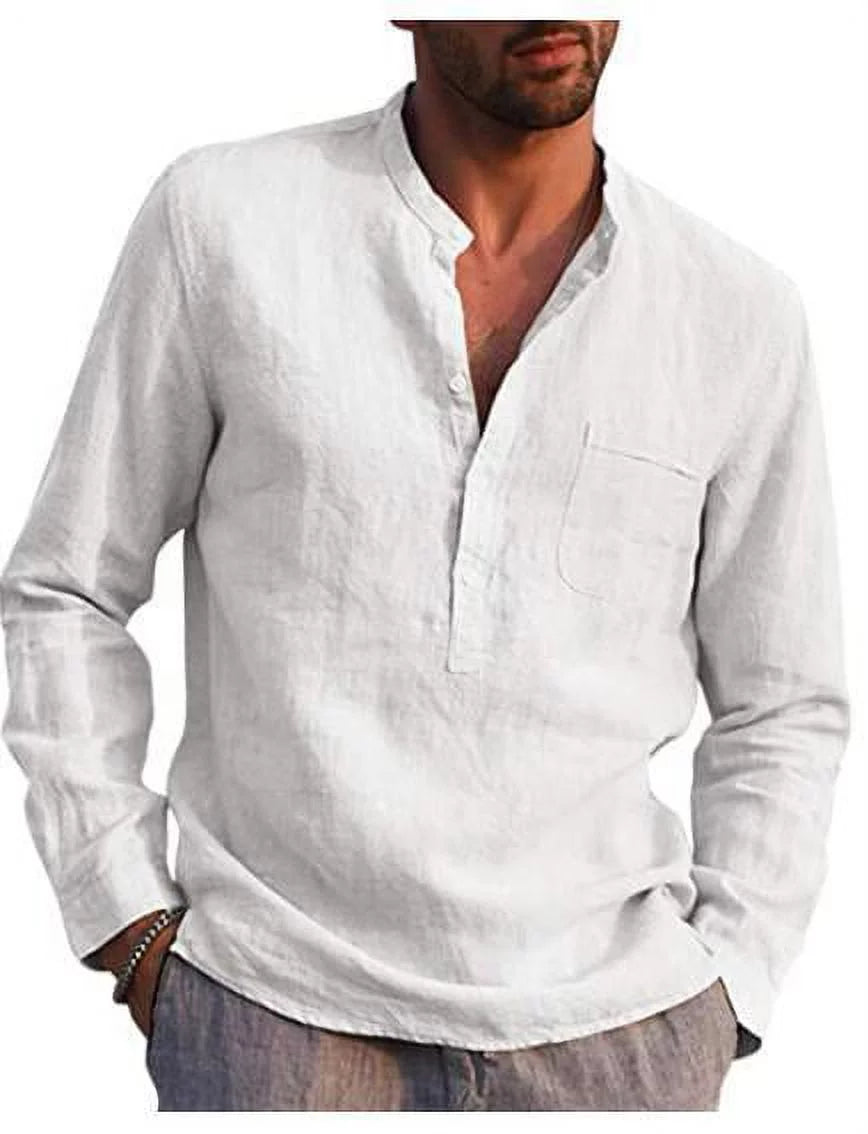 LEZMORE 2022 Men's Long-Sleeved V-Neck Casual Beach Linen Shirt For Men