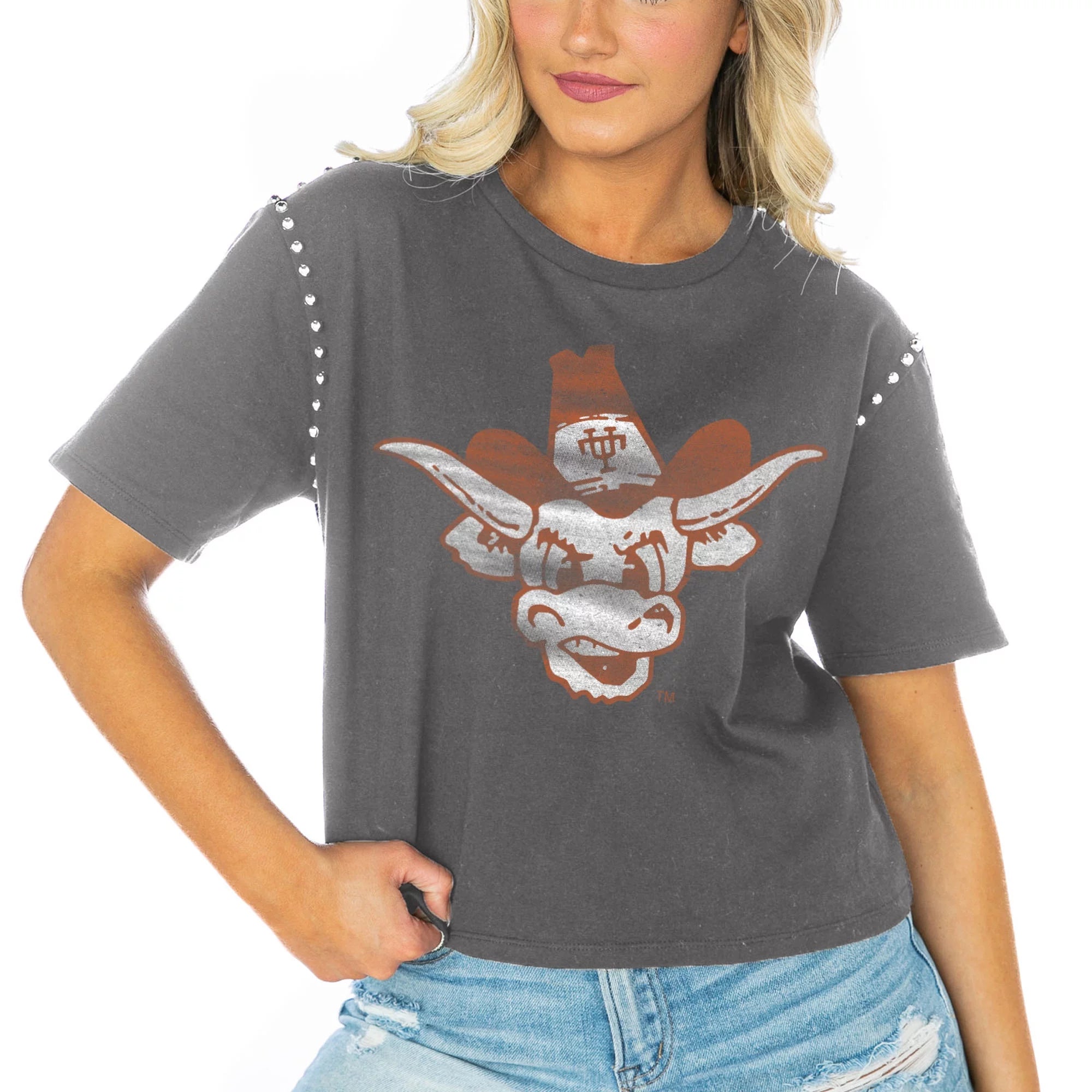 Women's Gameday Couture  Gray Texas Longhorns Galore Studded Sleeve Crop Top