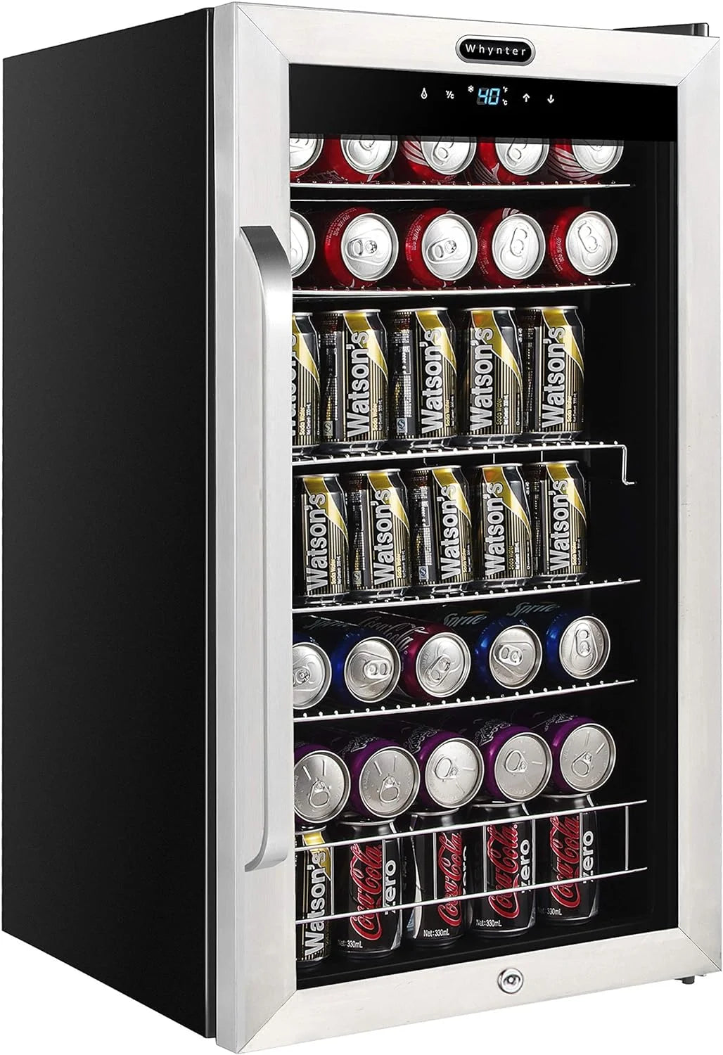 FEIRO BR-1211DS Beverage Refrigerator and Cooler, Mini Fridge with Glass Door, Lock, Digital Control and Internal Fan, 3.4 cu. ft, Stainless Steel