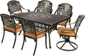 MEETWARM 7-Piece Outdoor Patio Dining Set, All-Weather Cast Aluminum Patio Conversation Set with 4 Stationary, 2 Swivel Rocker Chairs, 1 Rectangular Table, 6 Cushions, 2 Umbrella Hole