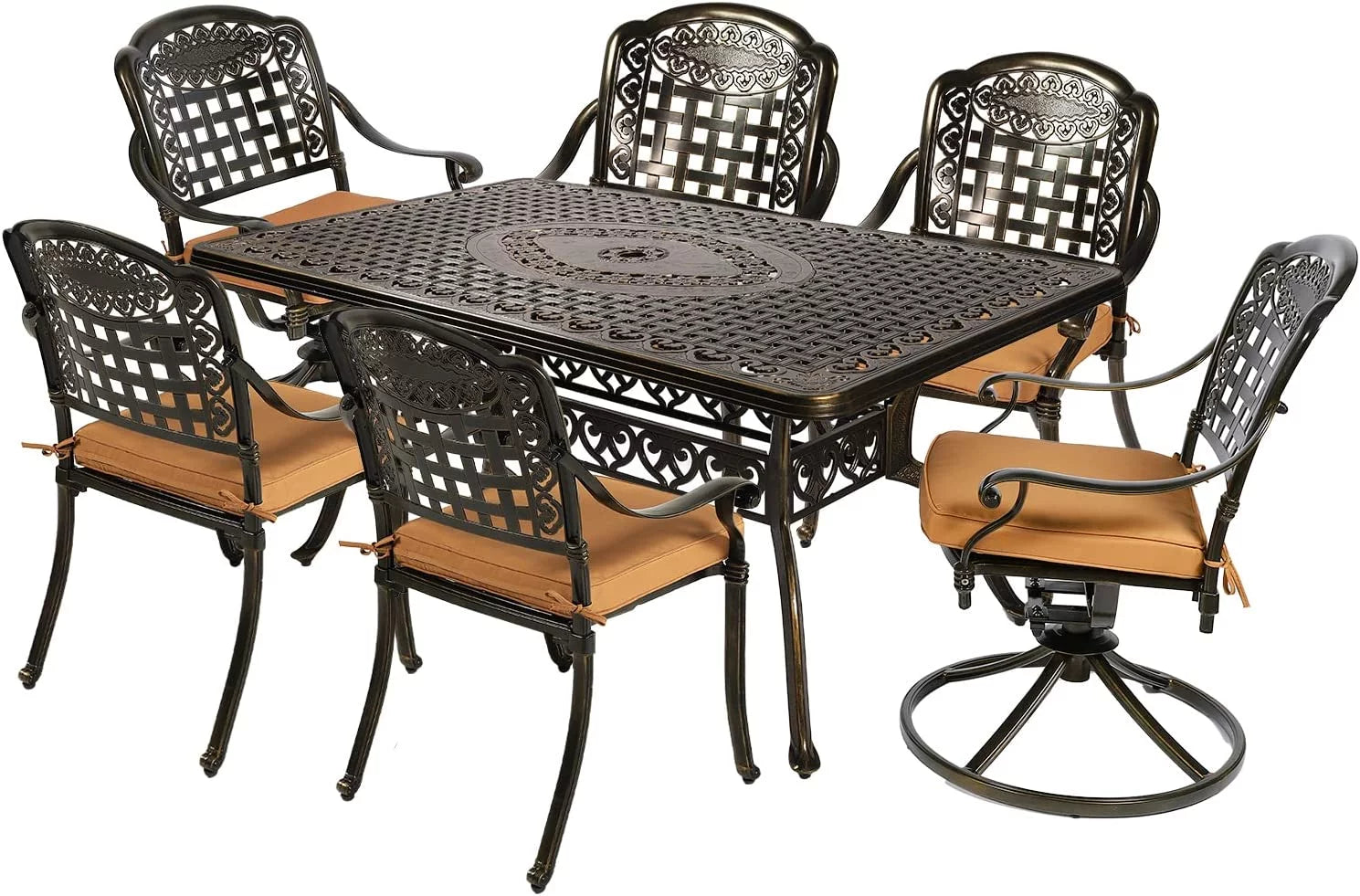 MEETWARM 7-Piece Outdoor Patio Dining Set, All-Weather Cast Aluminum Patio Conversation Set with 4 Stationary, 2 Swivel Rocker Chairs, 1 Rectangular Table, 6 Cushions, 2 Umbrella Hole