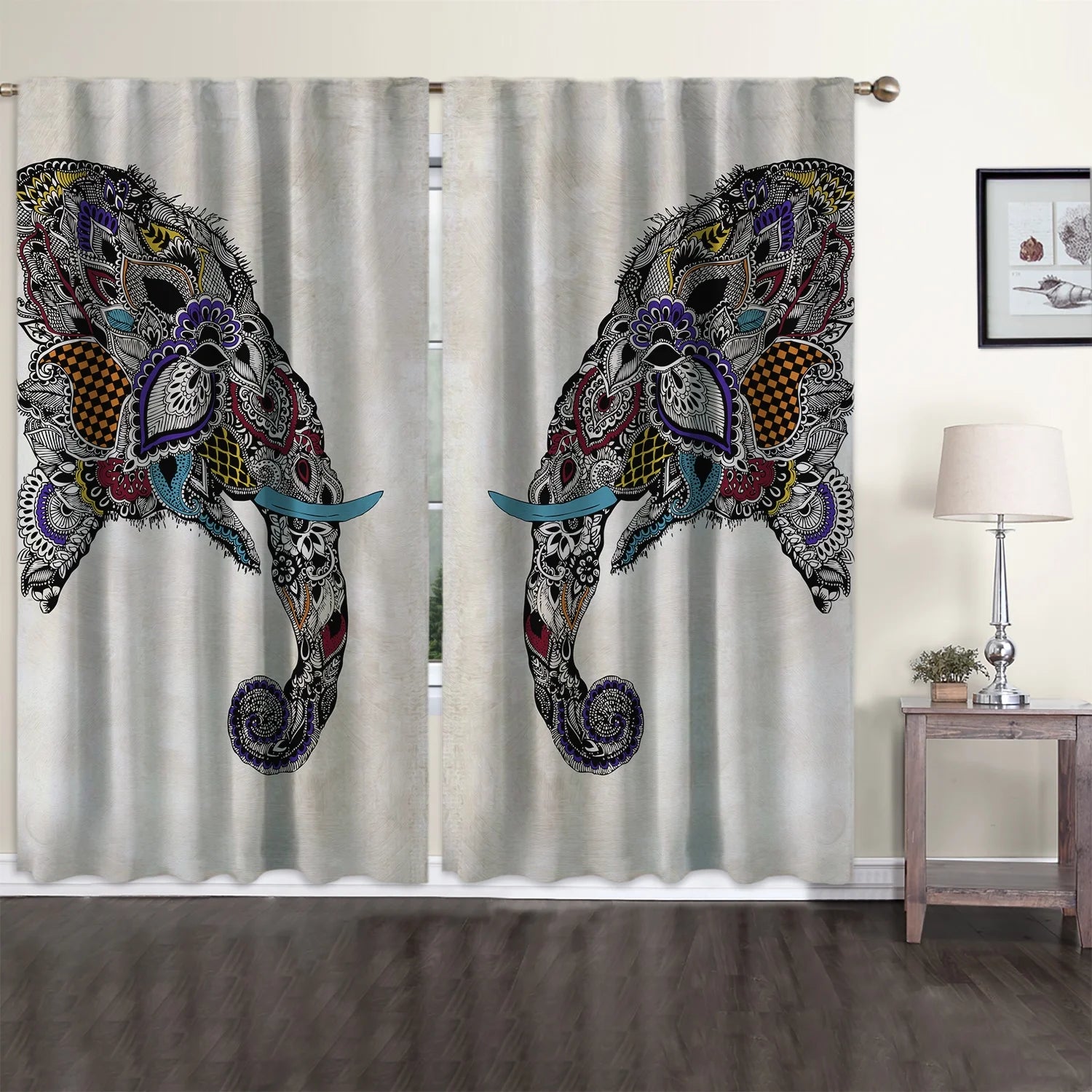 3S Brother's Modern Kids Room Ethnic Elephant Set of 2 Curtain Panels Hanging Back Tap & Rod Pocket Room Darkening Blackout Thermal Insulated Noise-Reducing Home Deco Multicolor One Panel 52x95