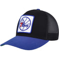 Men's Mitchell & Ness Black/Blue Philadelphia 76ers SOUL Truck It Trucker Snapback Hat - OSFA