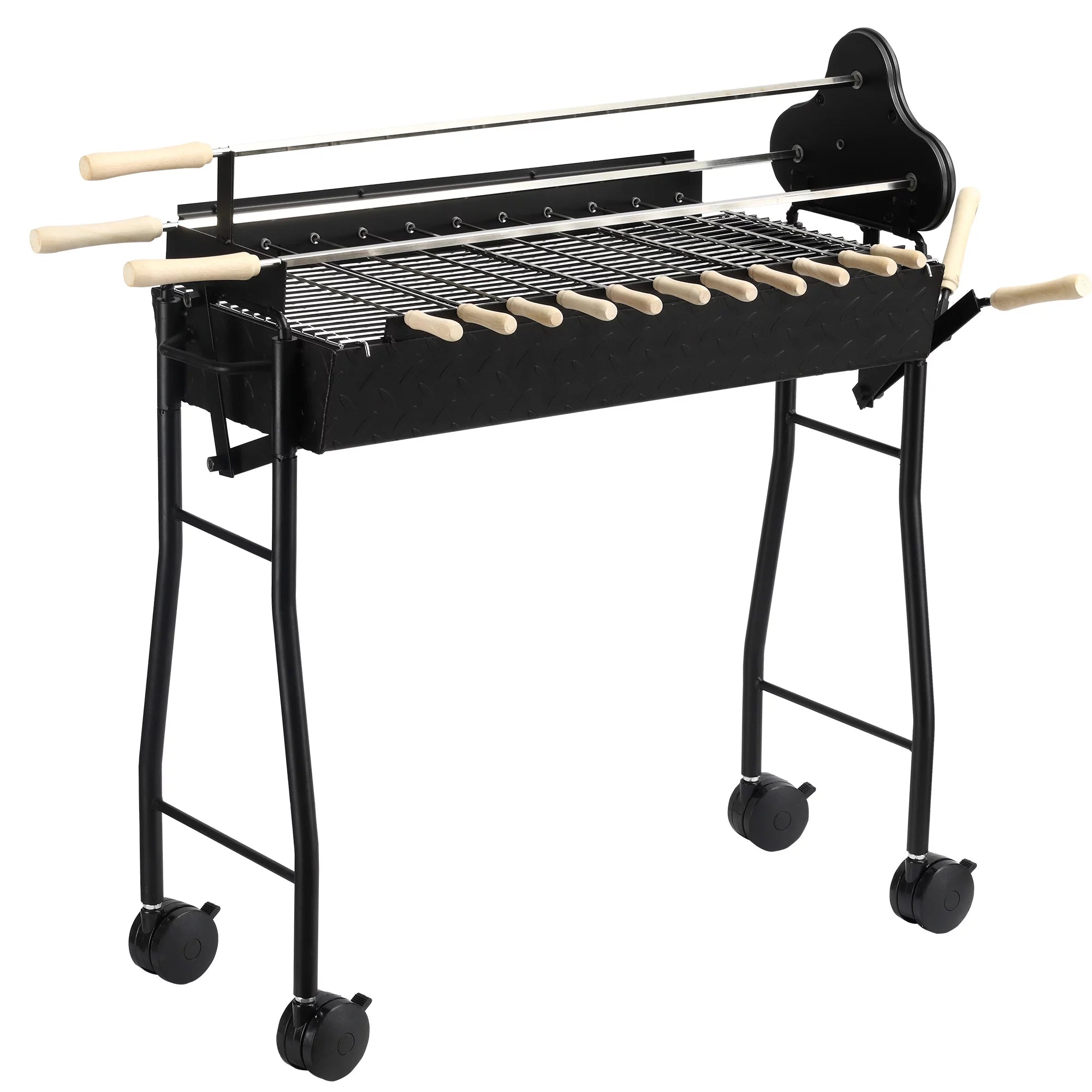 Homiyad Portable Charcoal BBQ Grills Steel Rotisserie Outdoor Cooking Height Adjustable with 4 Wheels Large / Small Skewers Portability for Patio, Backyard, Black