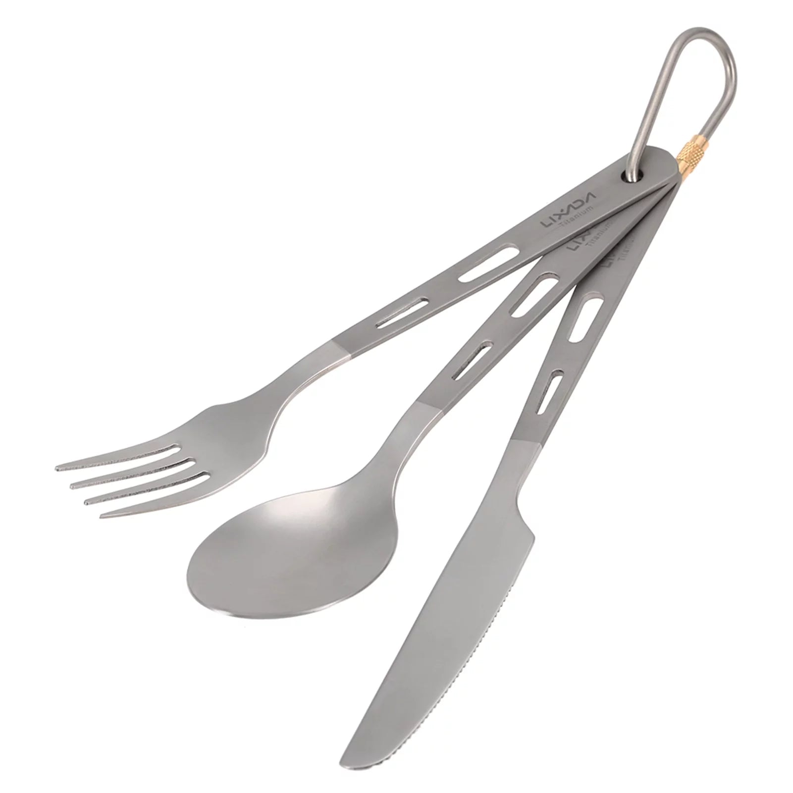 Lixada Camping Cutlery Set 3 Piece with Spoon Fork Cutter Carabiner for Picnic Outdoor