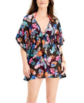 Miken Junior's V Neck Printed Cover Up Swimsuit Black Size X-Large