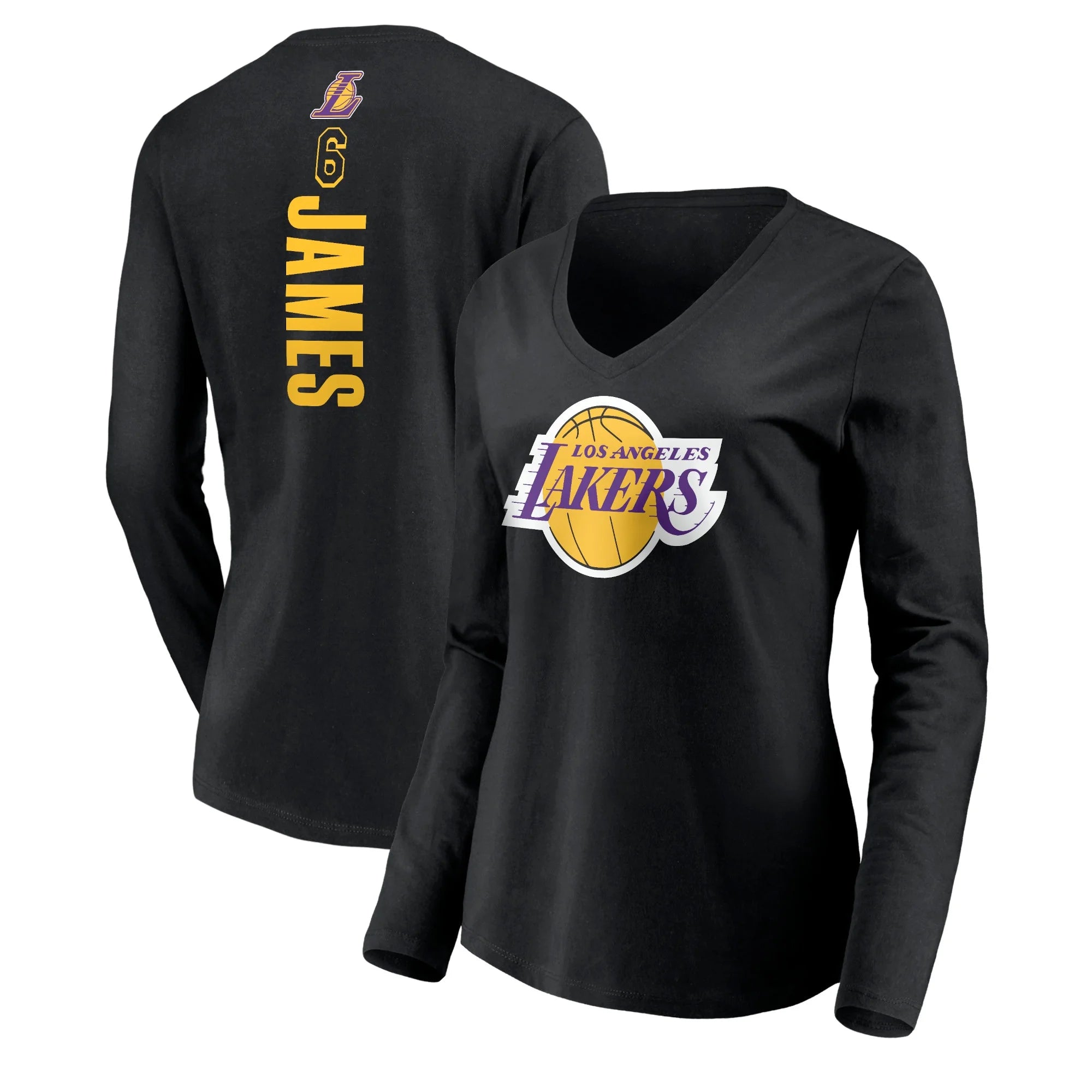 Women's Fanatics Branded LeBron James Black Los Angeles Lakers #6 Playmaker Name & Number Long Sleeve V-Neck T-Shirt