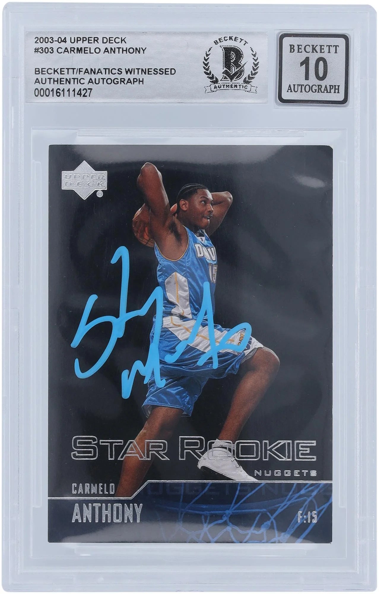 Carmelo Anthony Denver Nuggets Autographed 2003-04 Upper Deck Star Rookie Blue Paint #303 Beckett Fanatics Witnessed Authenticated 10 Rookie Card - Fanatics Authentic Certified