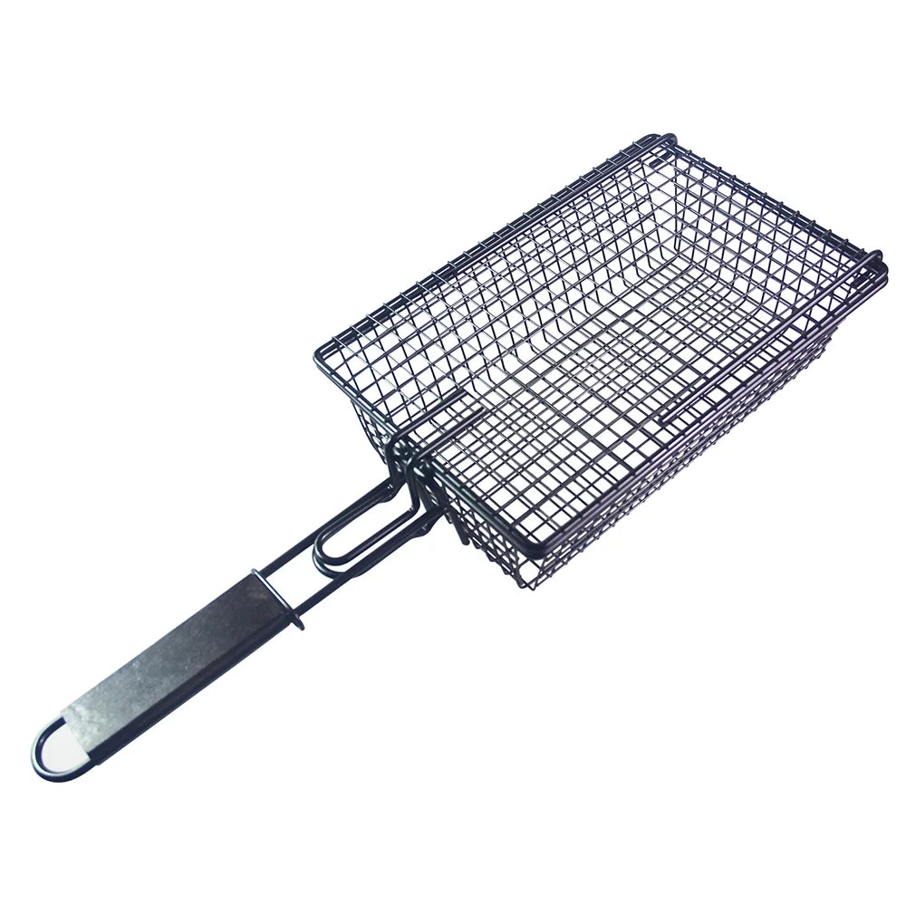 Grilling Nonstick Grill Basket with Lid Metal Barbecue Basket with Foldable Removeable Wooden Handle BBQ Barbecue Tool for Fish Vegetable Steak Meat Shrimp