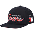 Men's Mitchell & Ness Black Philadelphia 76ers Hardwood Classics Script 2.0 Snapback Hat - OSFA