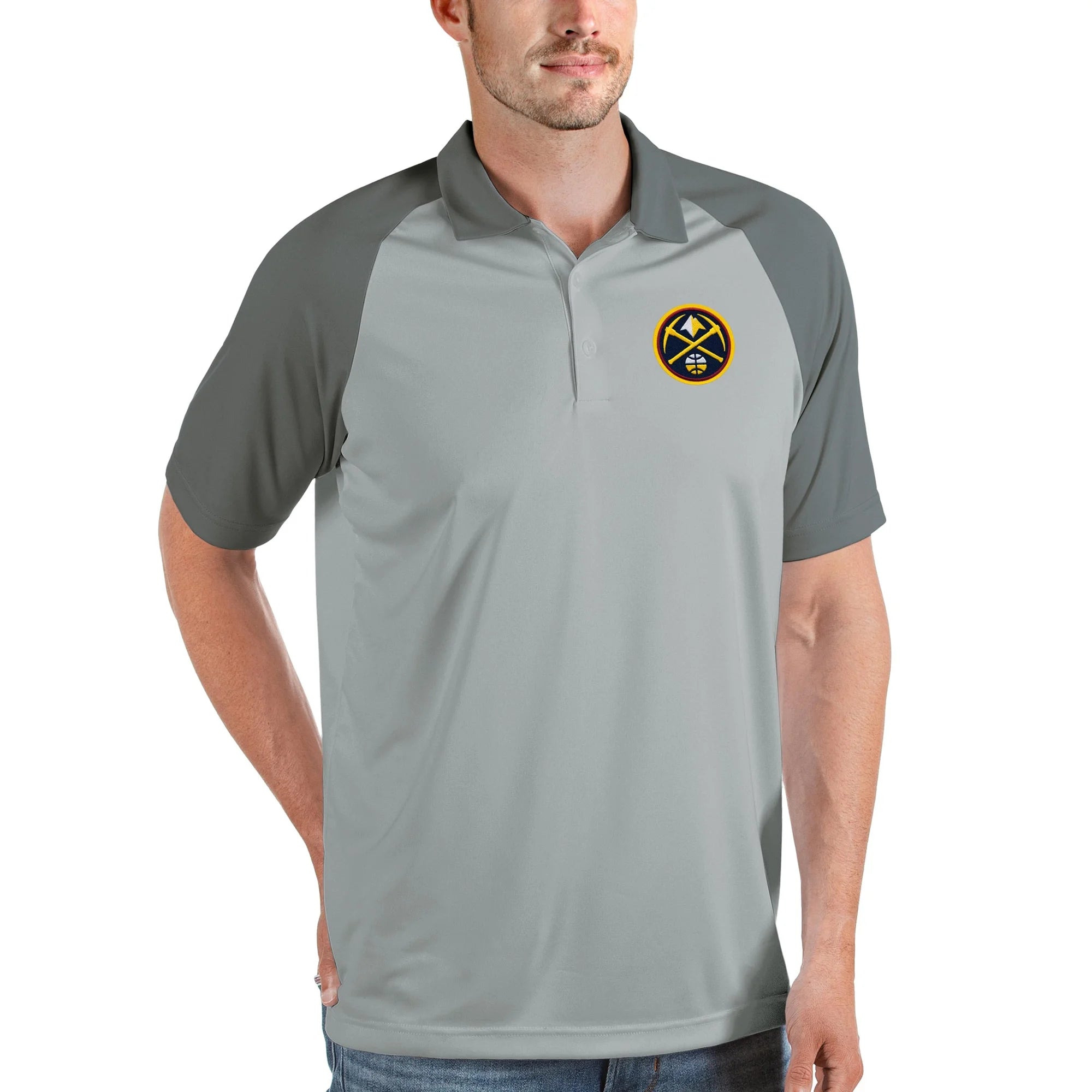 Men's Antigua Gray Denver Nuggets Nova Raglan Polo