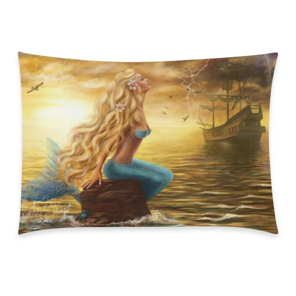 YKCG Beautiful Princess Sea Mermaid with Ghost Ship at Sunset Pillowcase for Couch Bed 20 x 30 Inches - Fairy Ocean Shimmer Mermaid Soft Pillow Cover Case Shams Decorative