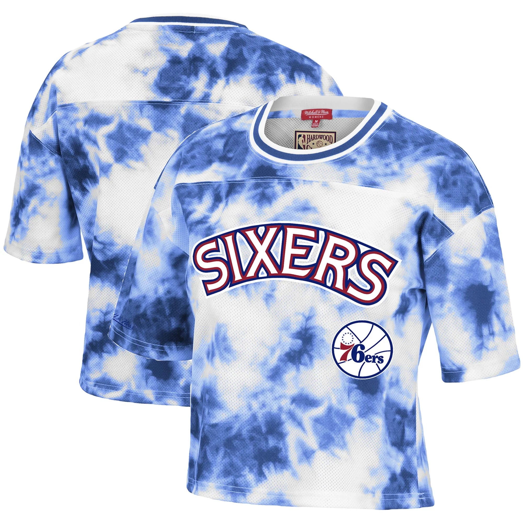Women's Mitchell & Ness Royal/White Philadelphia 76ers Hardwood Classics Tie-Dye Cropped T-Shirt