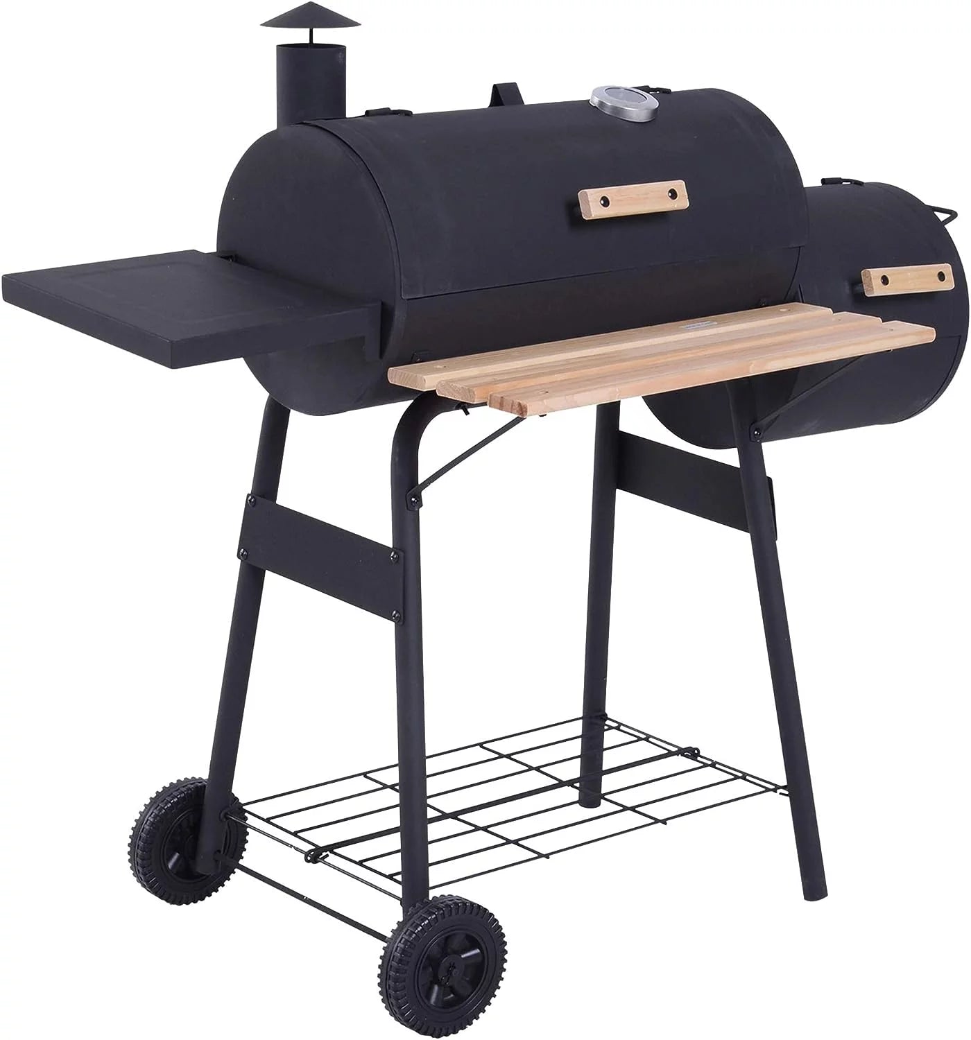 48 Portable Barrel Charcoal BBQ Grill, Steel Outdoor Barbecue Smoker with 232 Square Inches Cooking Space, Storage Shelf, Wheels for Garden Camping Picnic, Black