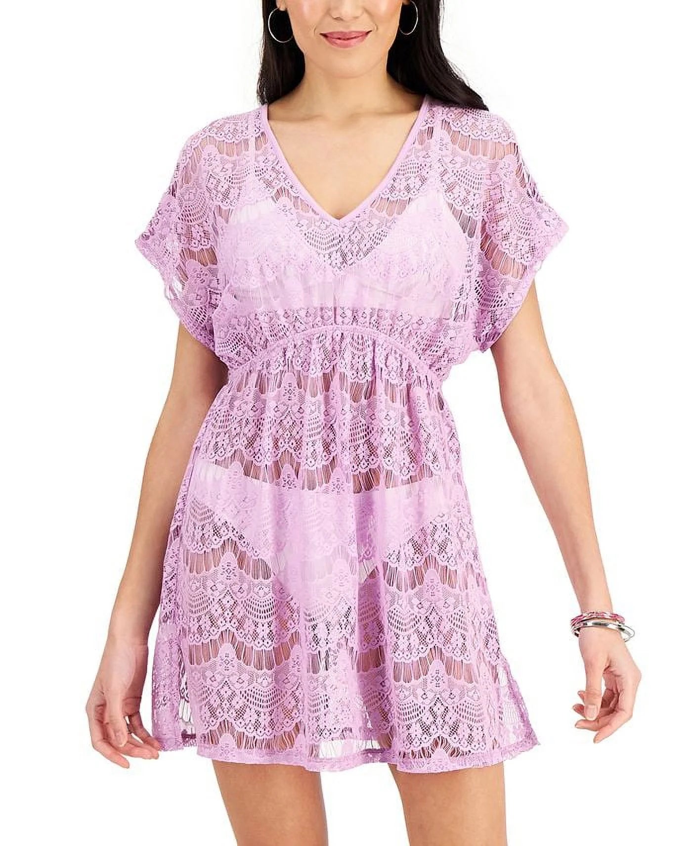 Miken Junior's Lace Cold Shoulder Swim Cover Up Swimsuit Purple Size Large