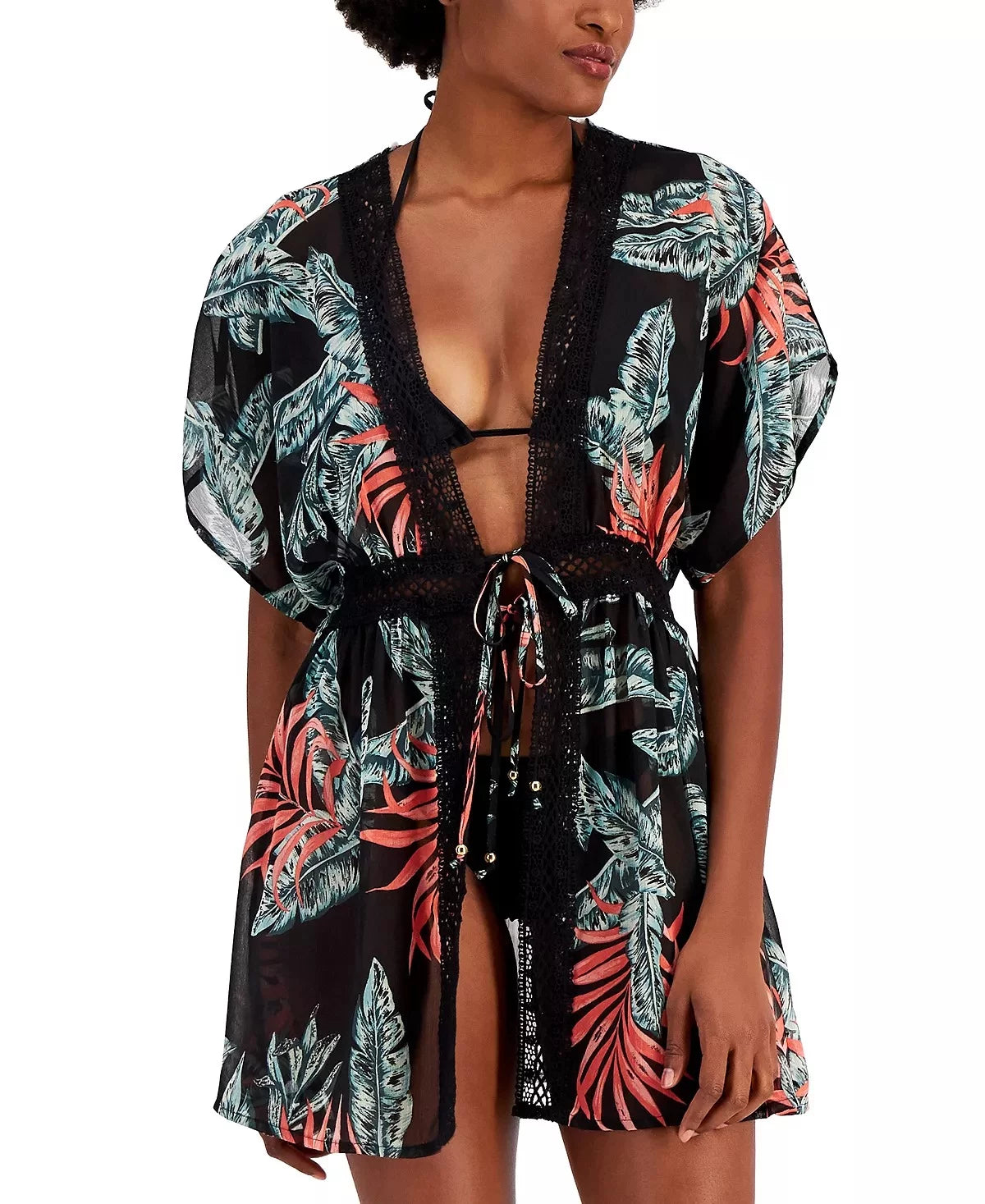 Miken BLACK/WILD WATERMELON Juniors' Crochet-Trim Kimono Cover-up, US Large