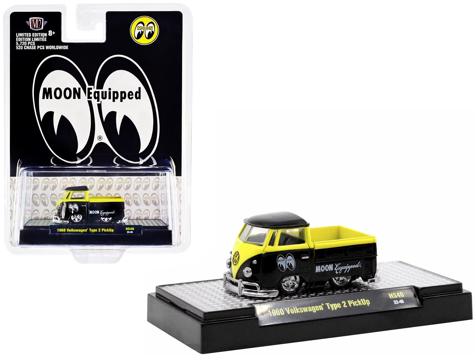 Diecast 1960 Volkswagen Type 2 Pickup Truck Black and Bright Yellow Mooneyes: Moon Equipped Limited Edition to 5720 pieces Worldwide 1/64 Diecast Model Car by M2 Machine