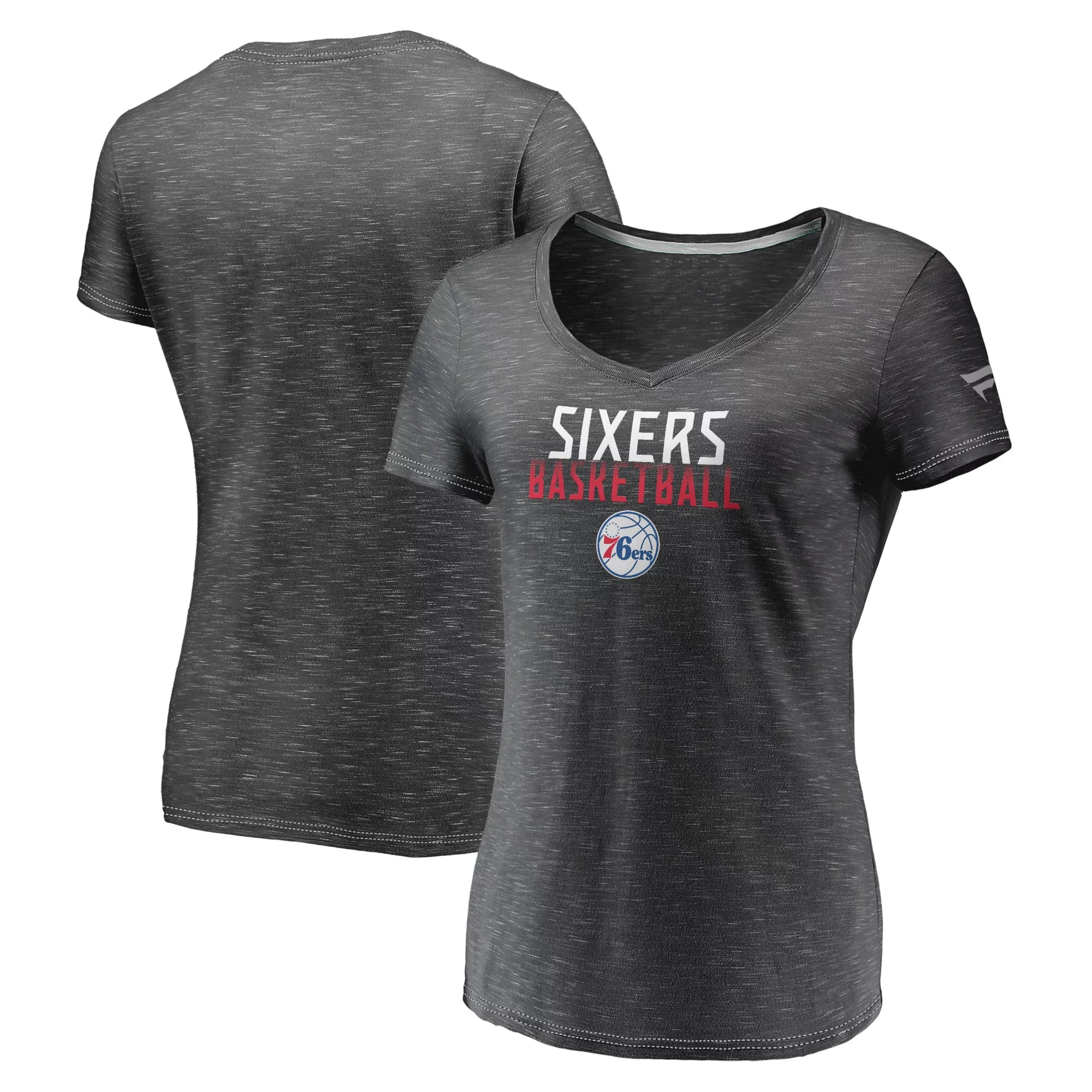 Women's Fanatics Branded Charcoal Philadelphia 76ers Double-Fade Space-Dye V-Neck T-Shirt