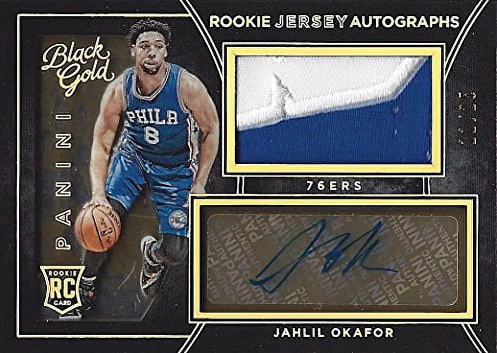 JAHLIL OKAFOR 2015-16 Panini Black Gold Basketball ROOKIE JERSEY AUTOGRAPHS (2-Color Jumbo Patch) Philadelphia 76ers Extremely Rare Insert Signed NBA Collectible Trading Card #11/25