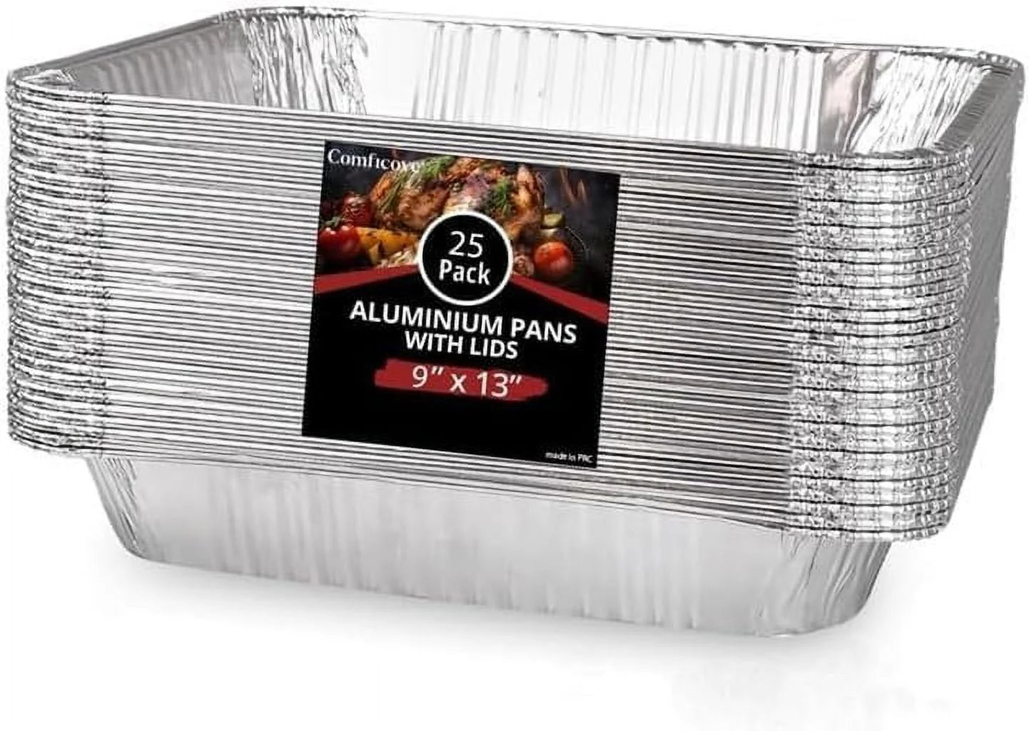 COMFICOVE Aluminum Pans Disposable Half Size Pans With Lids 25 Pack, 9x13 Steam Foil Deep Pans with lid for, Prepping, Roasting, Food, Storing, Heating, Cooking, Chafers, Catering, BBQ Grilling