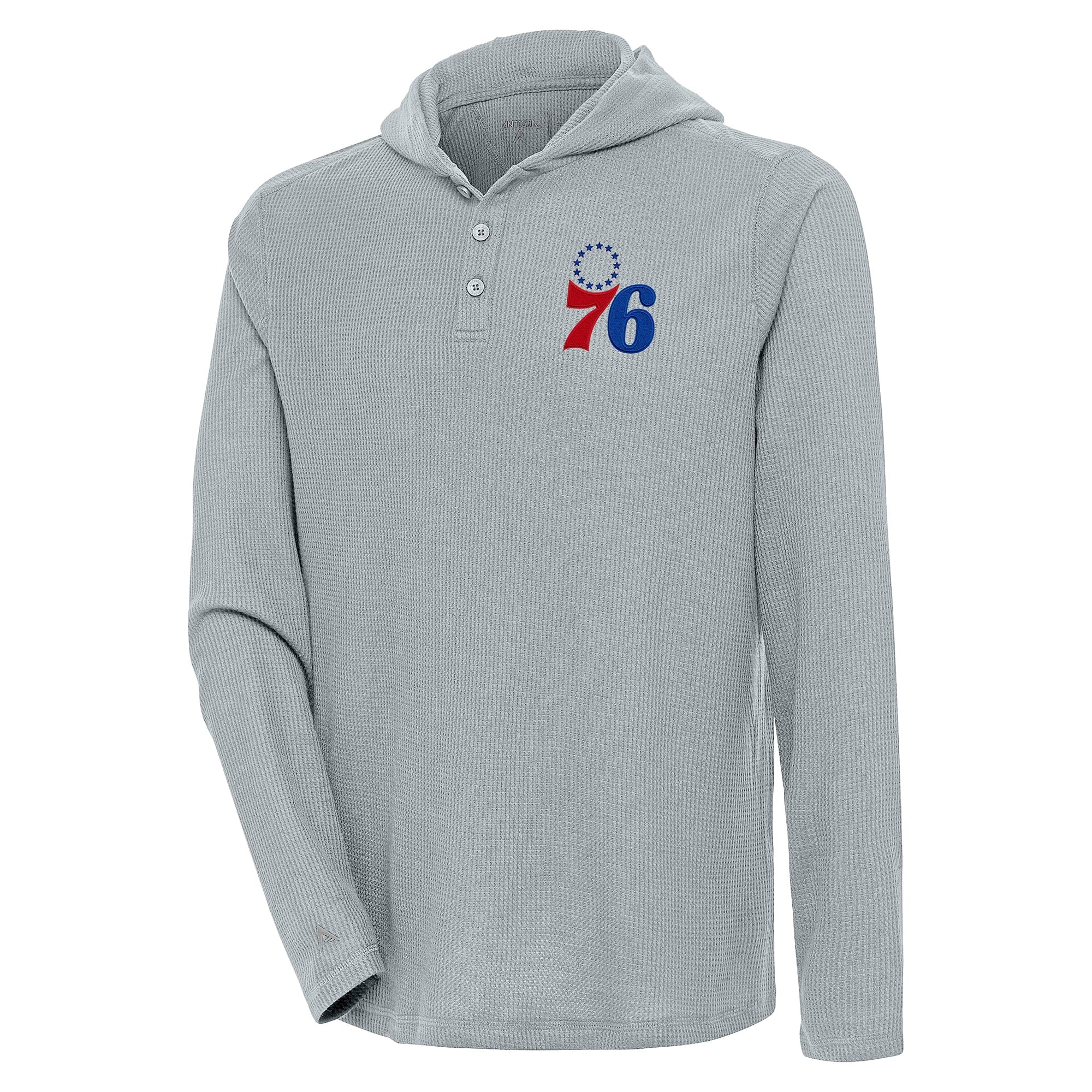 Men's Antigua  Gray Philadelphia 76ers Strong Hold Long Sleeve Henley Hoodie T-Shirt