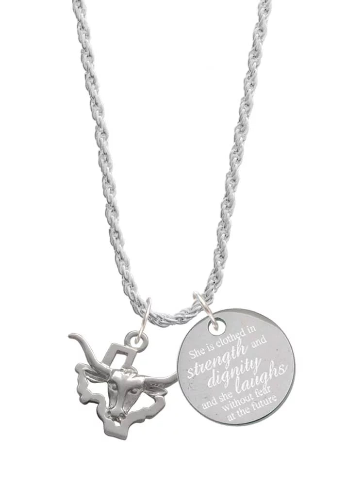 Delight Jewelry Silvertone Longhorn - Texas She is Clothed in Stength and Dignity Charm Necklace, 20+3