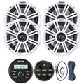 Kicker Weather-Resistant Gauge Style Bluetooth Marine Digital Media Receiver Bundle with Wired Remote, 4x 6.5 2-Way 195W Max Coaxial Marine Speakers w/ White Grilles, 16-Gauge Wire, 22 Antenna
