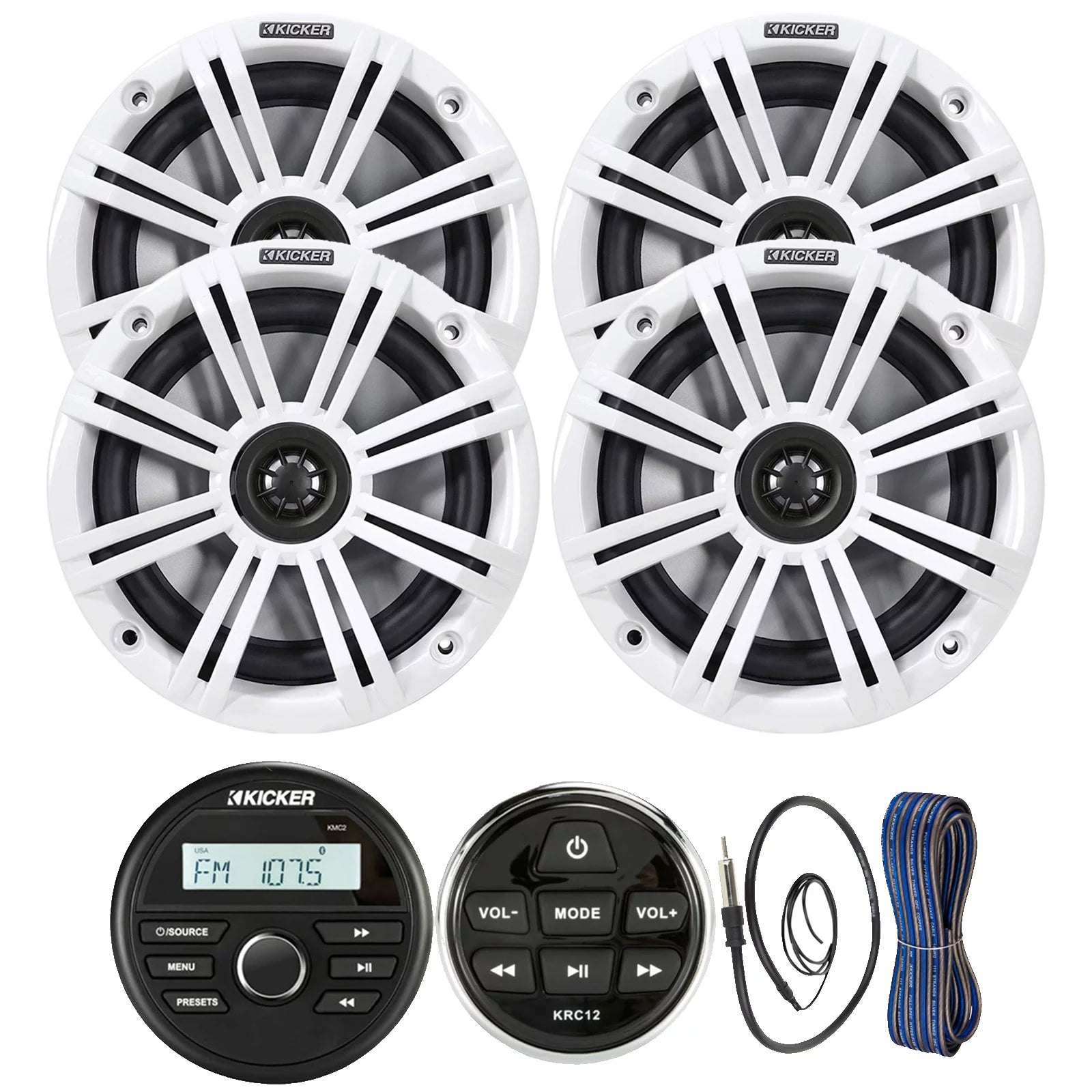 Kicker Weather-Resistant Gauge Style Bluetooth Marine Digital Media Receiver Bundle with Wired Remote, 4x 6.5 2-Way 195W Max Coaxial Marine Speakers w/ White Grilles, 16-Gauge Wire, 22 Antenna