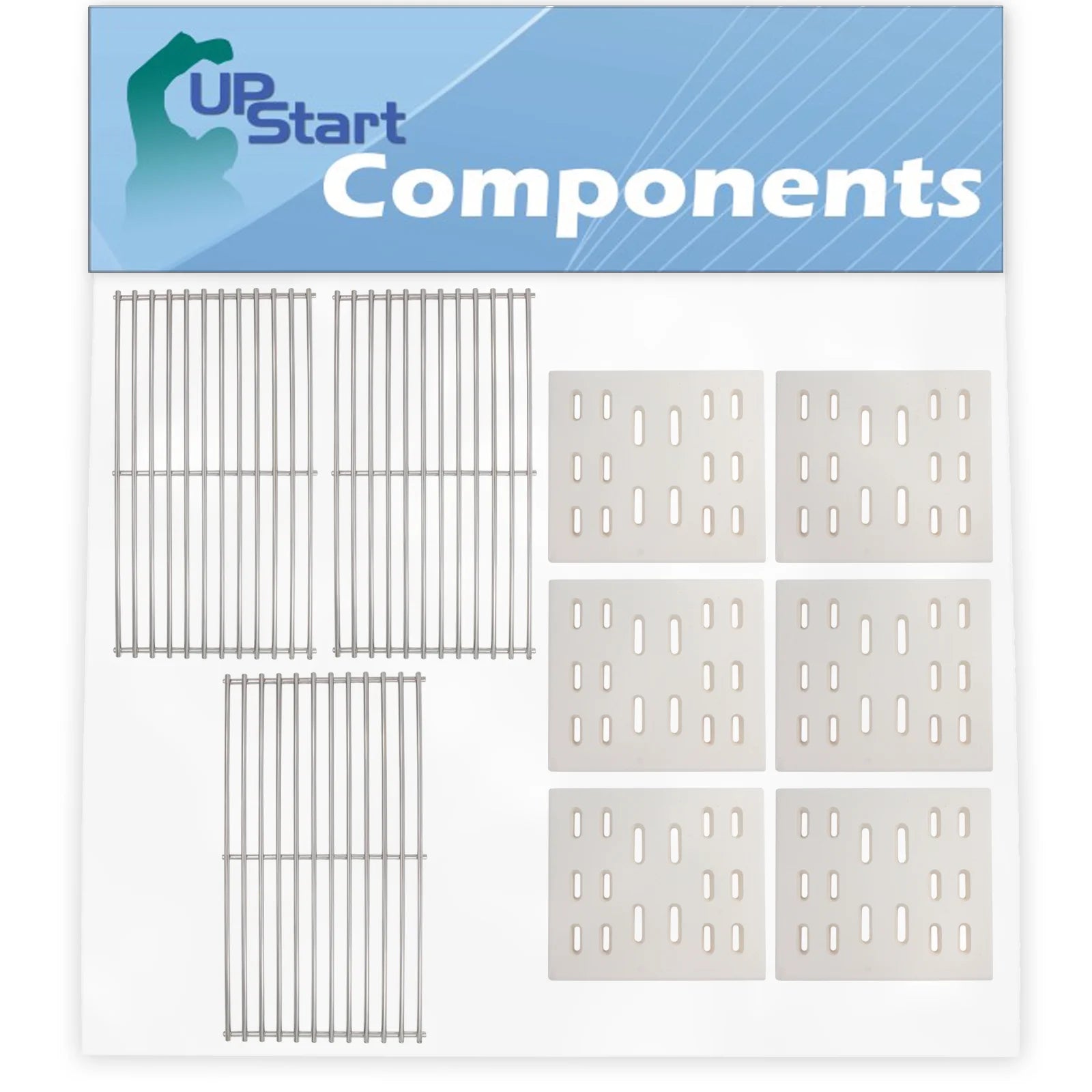 3 BBQ Grill Cooking Grates & 6 Heat Shield Plate Tent Replacement Parts for Sams Y0660 - Compatible Barbeque Grid 18 3/4 & Ceramic Flame Tamer, Guard, Deflector, Flavorizer Bar