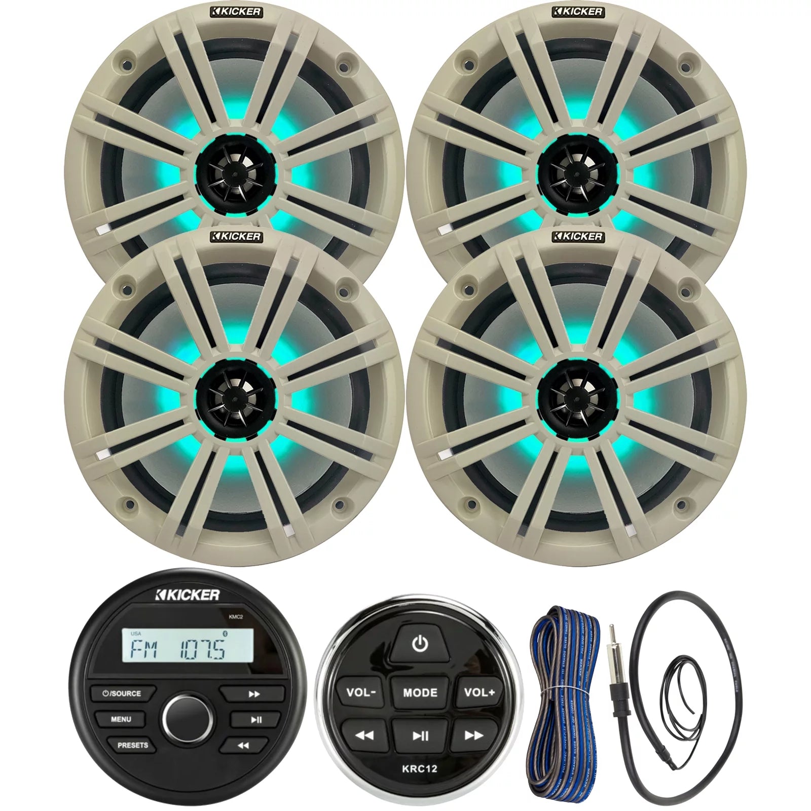 Kicker All-Weather Marine Gauge Style Bluetooth USB Stereo Receiver Bundle with Wired Remote, 4x 8 2-Way 300W Max Coaxial Marine LED Speakers w/ White Grilles, 50-Ft 16-Gauge Wire, 22 Antenna