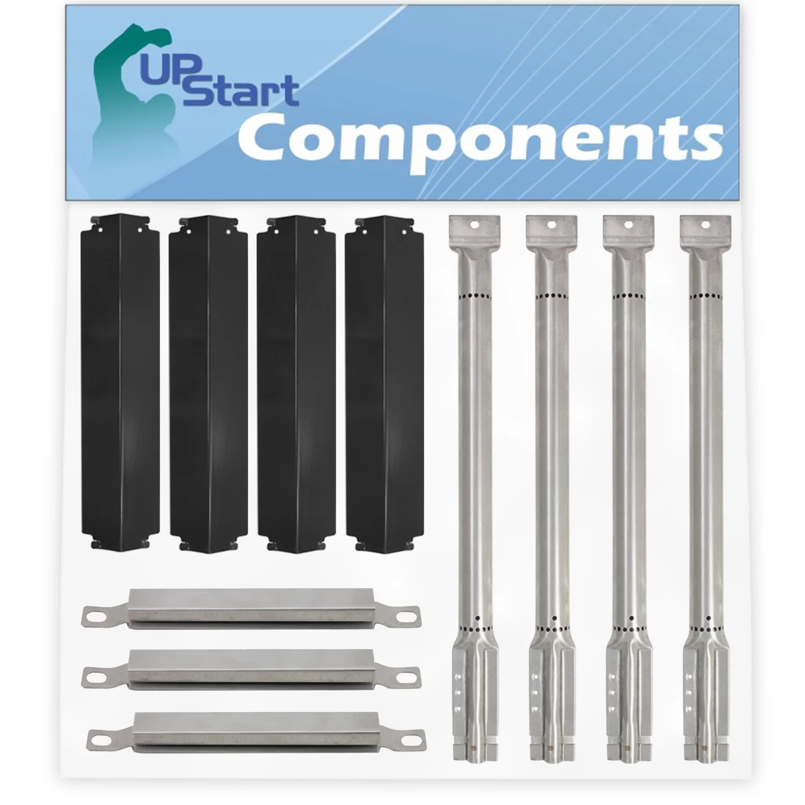 4 BBQ Gas Grill Tube Burner & 4 Heat Shield Plate Tent & 3 Crossover Tube Replacement Parts for Charbroil 463260207 - Stainless Steel Pipe Burners & Porcelain Steel Flame Tamer & Carry Over Channel