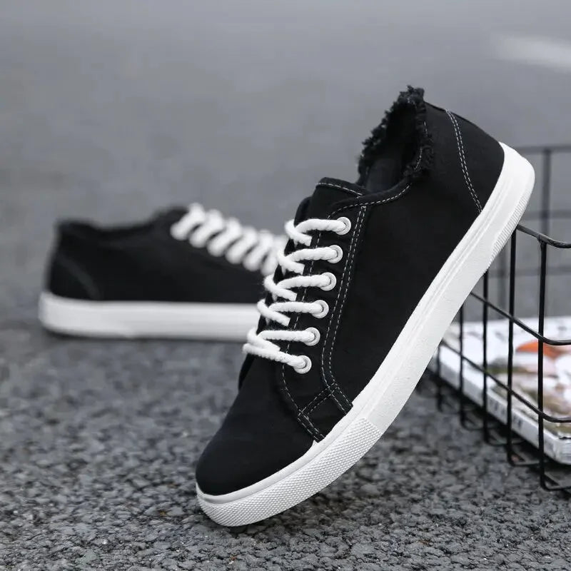 Frayed Canvas Sneakers For Men Low Top Trainers Mens Orange Vulcanized Shoes New Tenis Sneakers Anti-odor Men's Plimsoll Loafers Black CN 41