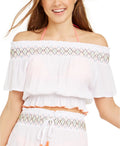 Miken WHITE Juniors' Smocked Off-the-Shoulder Swim Cover-up Top, US Medium