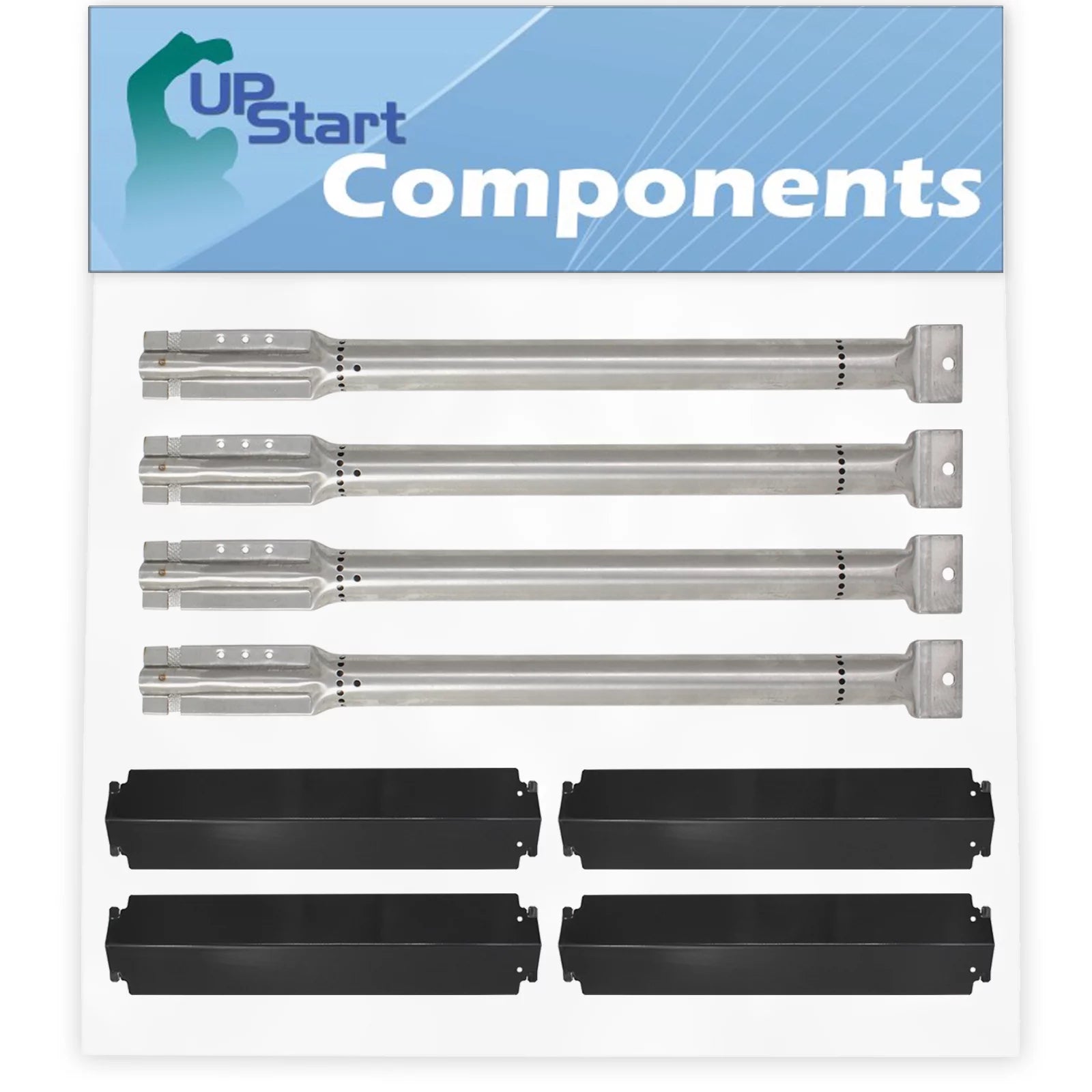 4-Pack BBQ Gas Grill Tube Burner & Heat Shield Plate Tent Replacement Parts for Charbroil 415.16661800 - Compatible Barbeque Stainless Steel Pipe Burners & Porcelain Steel Flame Tamer, Flavorizer Bar