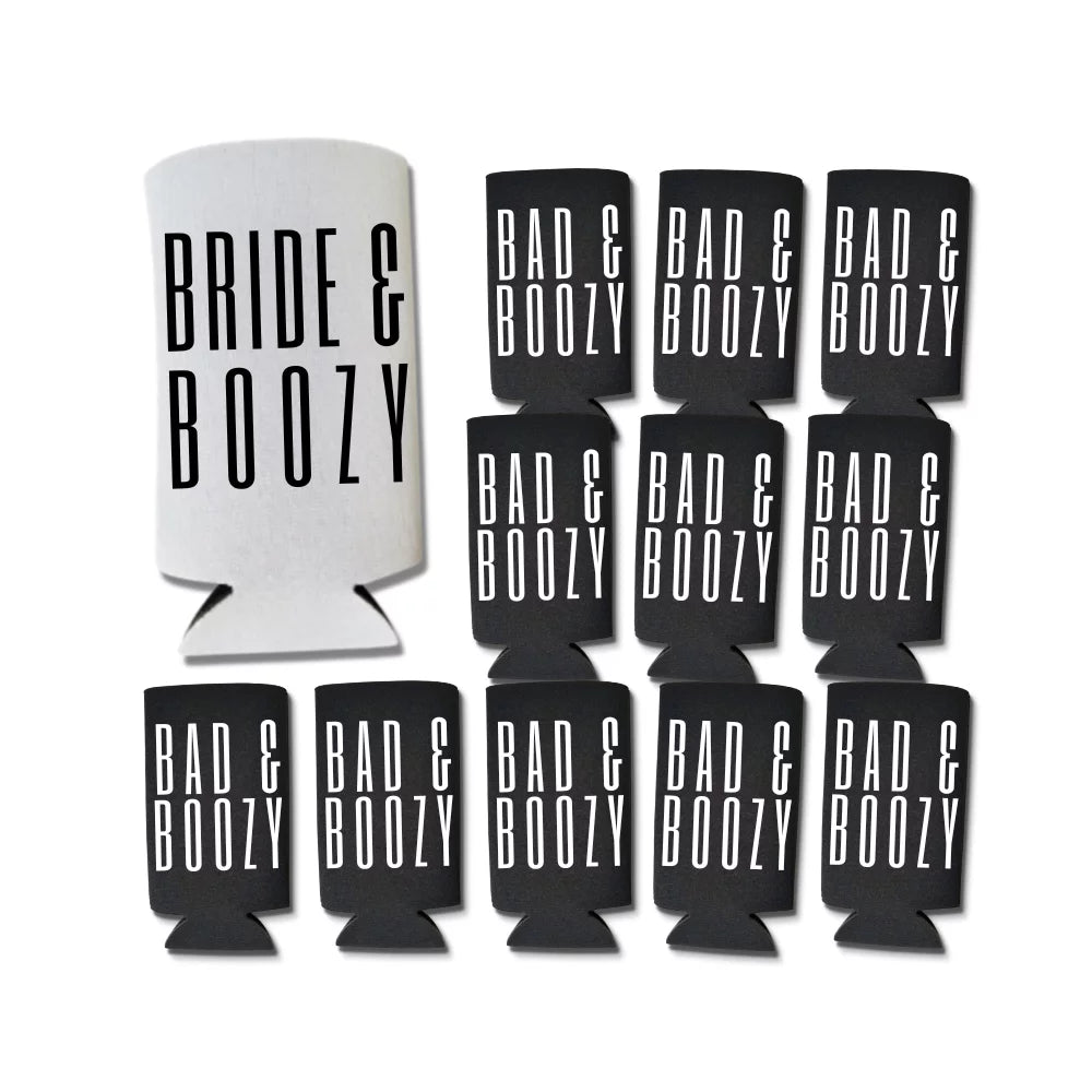 Bad and Boozy, Bride & Boozy Bachelorette Party Slim Spiked Seltzer Coolers, Wedding Slim Coolers, Wedding Coolies, Bachelorette Party Gifts (12-Pack, 1 White & 11 Black)