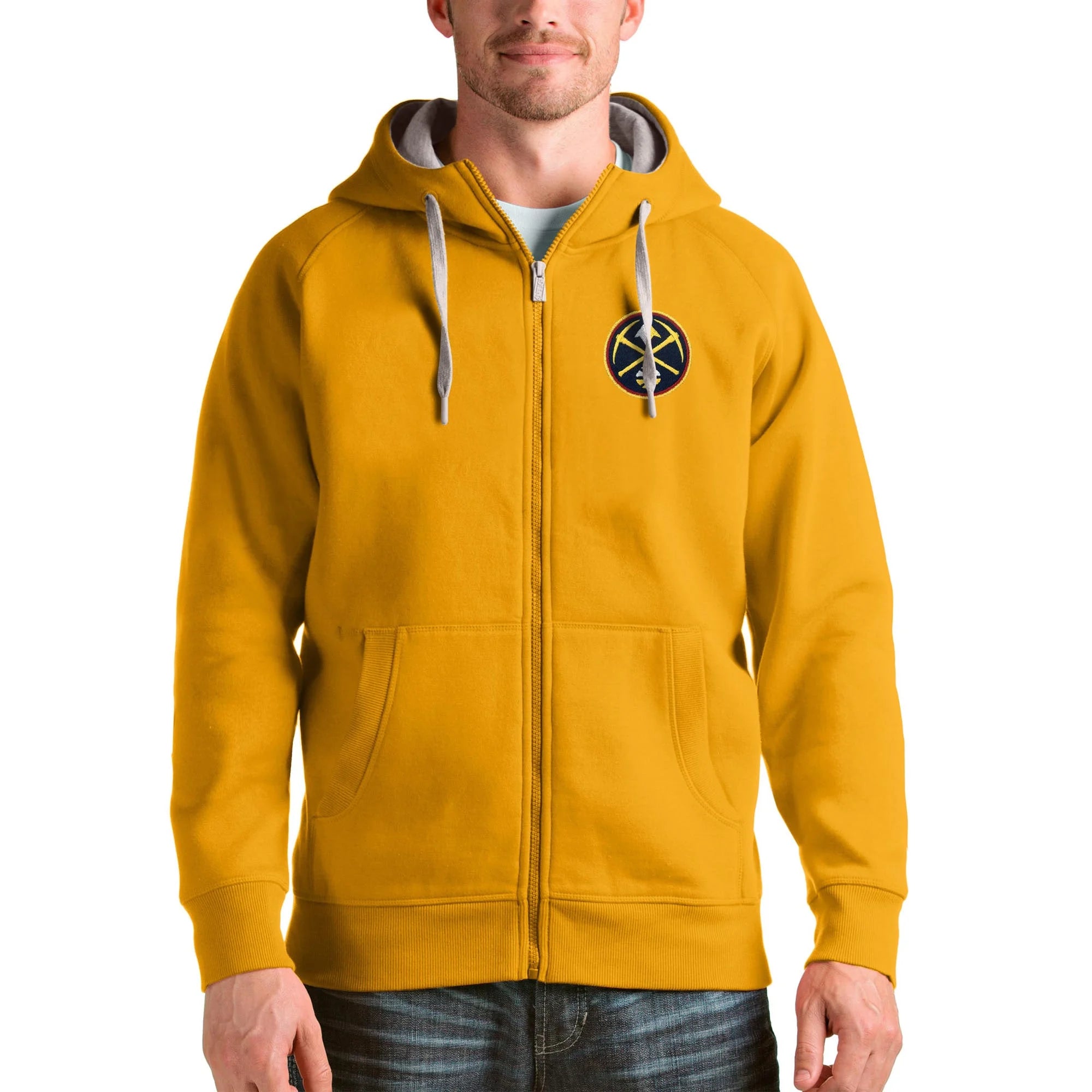 Men's Antigua Gold Denver Nuggets Logo Victory Full-Zip Hoodie