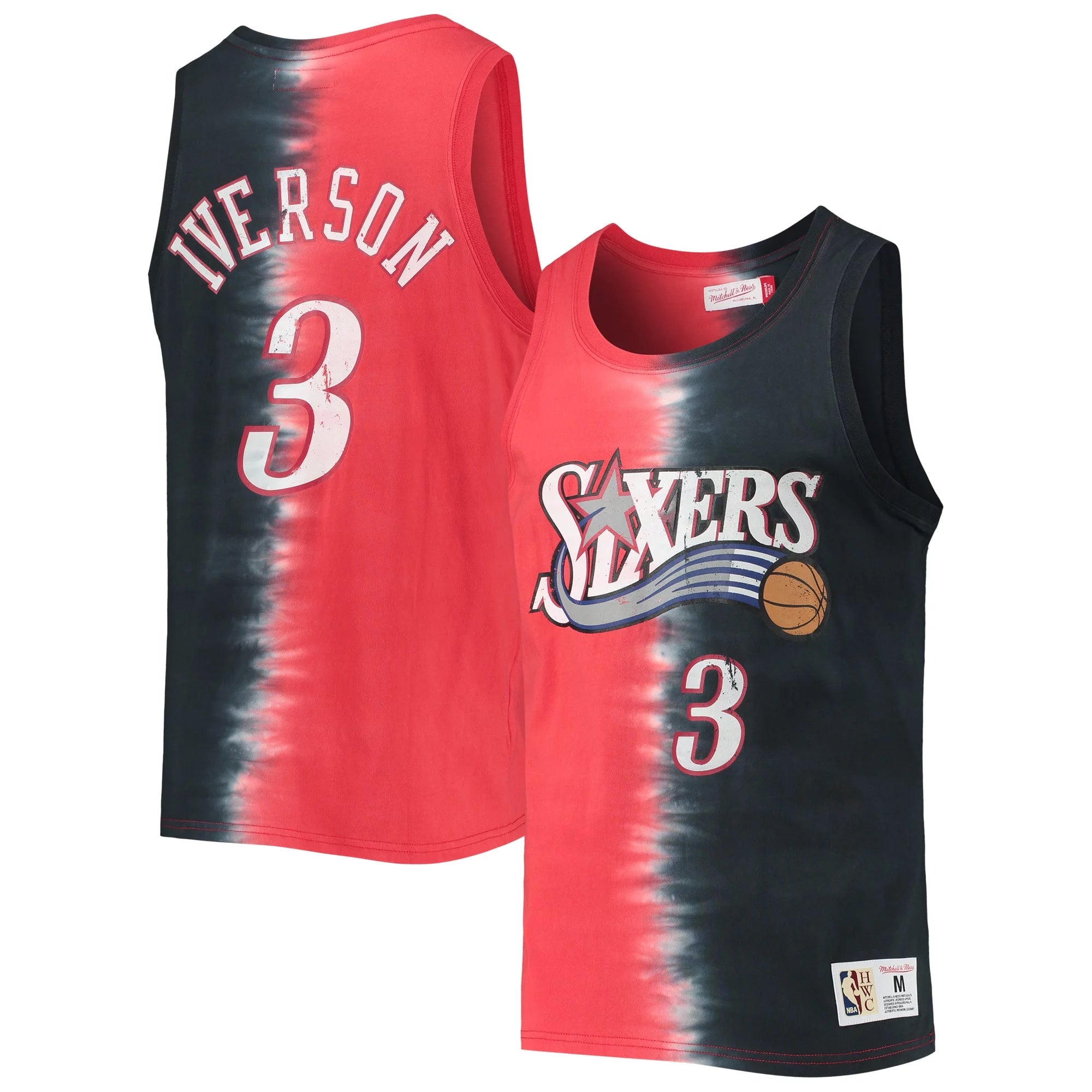 Men's Mitchell & Ness Allen Iverson Red/Black Philadelphia 76ers Hardwood Classics Tie-Dye Name & Number Tank Top