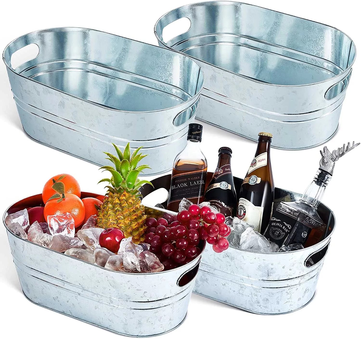 4 Pcs 4 Gallon Galvanized Metal Ice Buckets Beverage Tubs for Parties Large Drink Tin Bins for Beer Wine Champagne Cocktail Cooler for Christmas Halloween Bar (Silver,Classic)