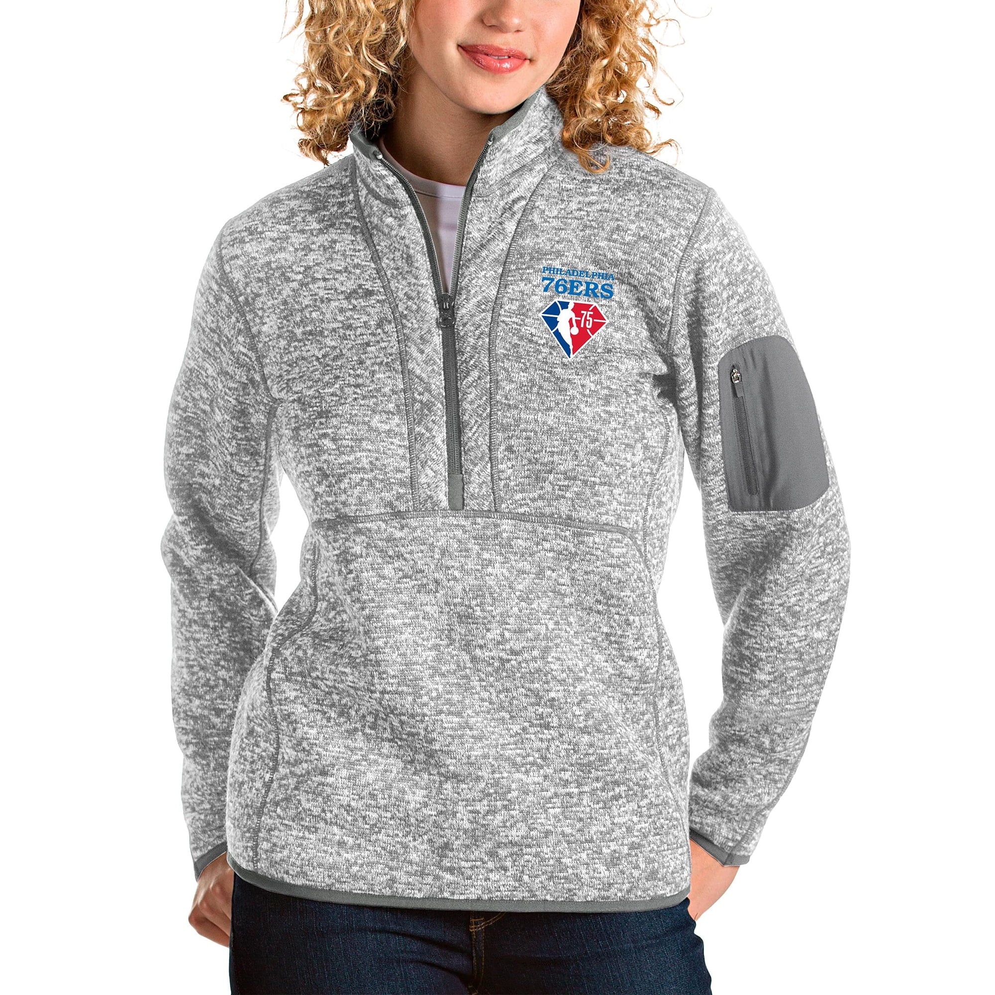 Women's Antigua Heathered Gray Philadelphia 76ers NBA 75th Anniversary Fortune Quarter-Zip Pullover Jacket