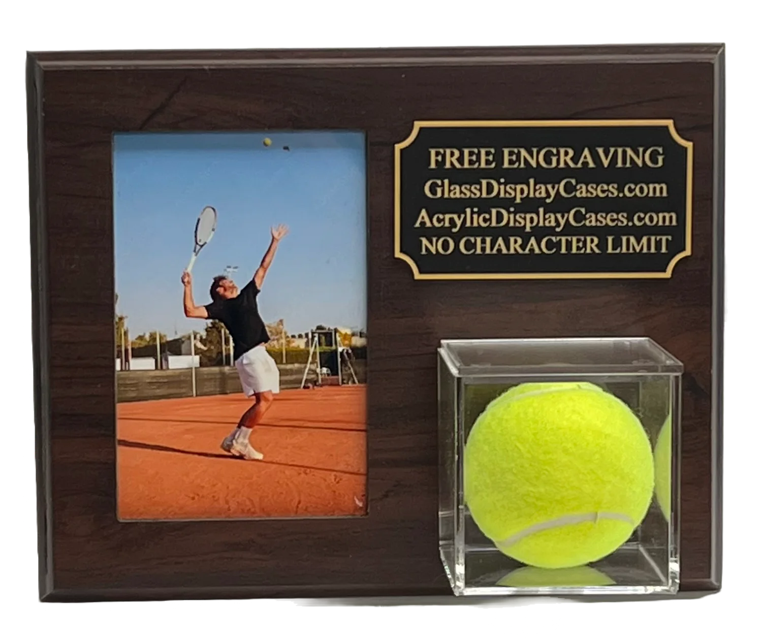 Tennis Ball and 4 X 6 Photo Vertical or Horizontal Choice Display Case Plaque - Cherry Finish Wood- Engraved