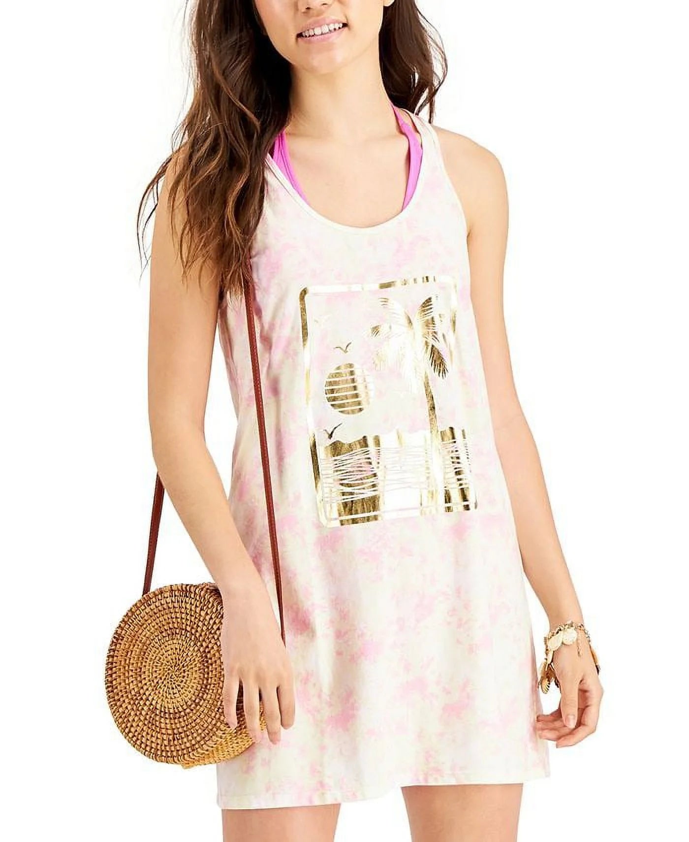 Miken PINK TIE DYE Juniors' Graphic-Print Cotton Cover-up Swim Dress, US Large