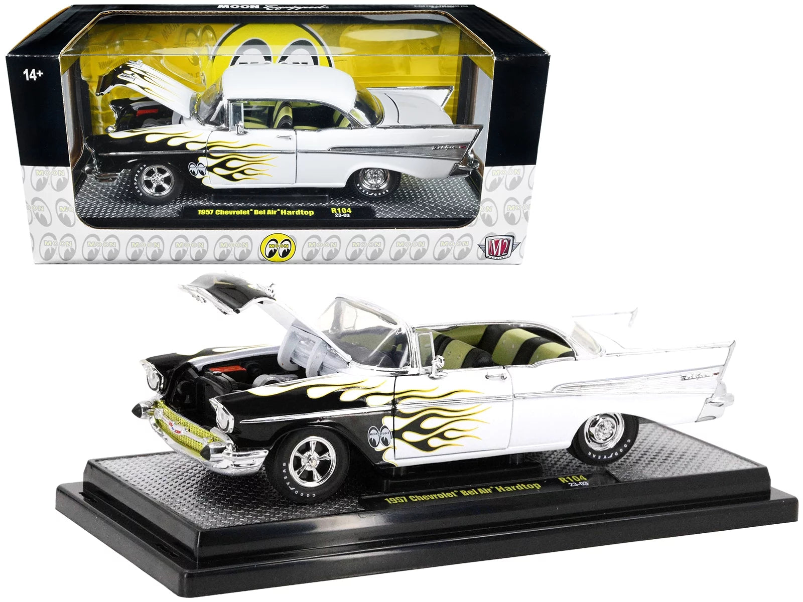 1957 Chevrolet Bel Air Hardtop Bright White with Flames Mooneyes Limited Ed to 6450 pcs 1/24 Diecast Model Car by M2 Machines