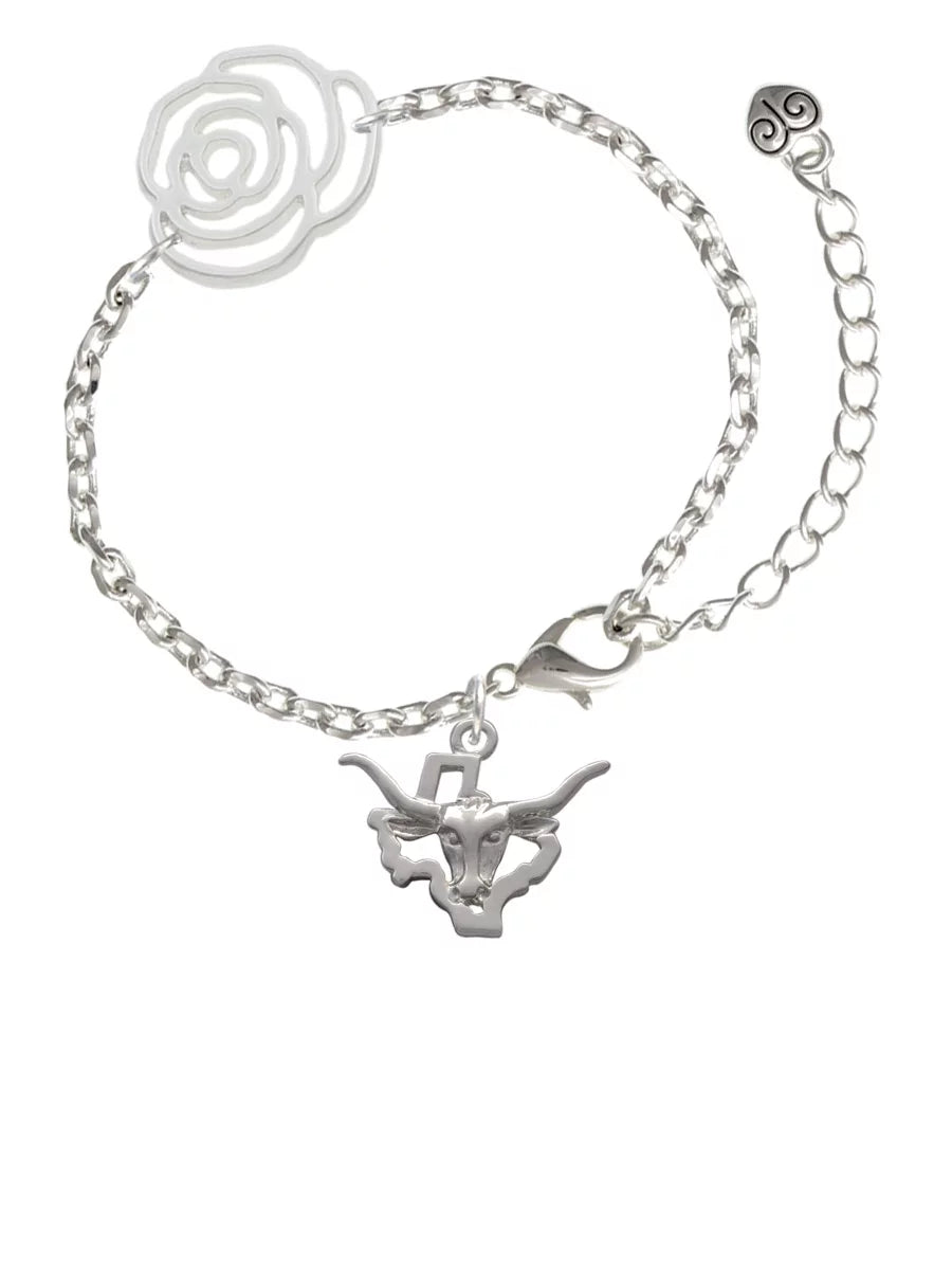 Delight Jewelry Silvertone Longhorn - Texas Silver-tone Flower Link Chain Bracelet, 6.75+2 Extender