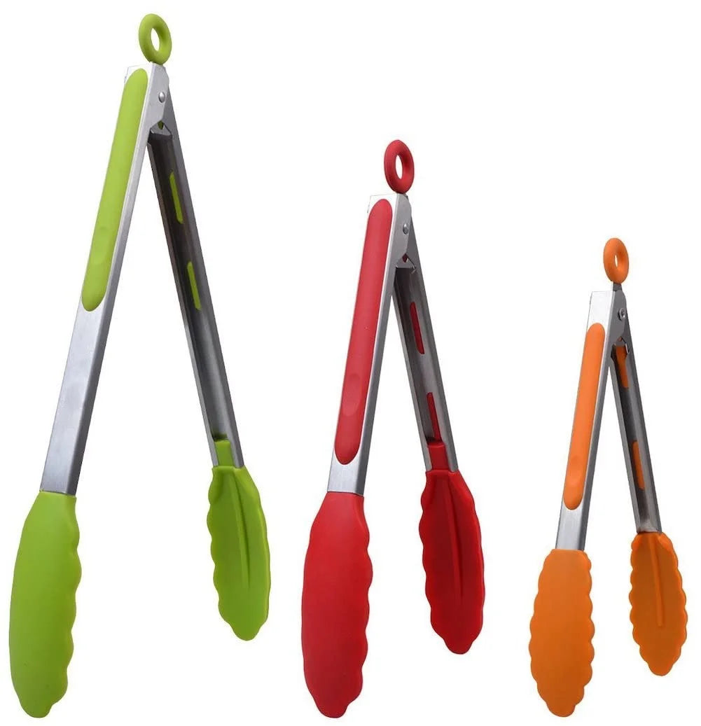 Silicone Tongs for Cooking (3 food tongs x 7/9/12) Heavy Duty Stainless Steel BBQ Kitchen Tongs for Cooking, Grilling, Cooking Tongs, Kitchen Tongs with Silicone Tips, Salad Tongs, Rubber Tongs