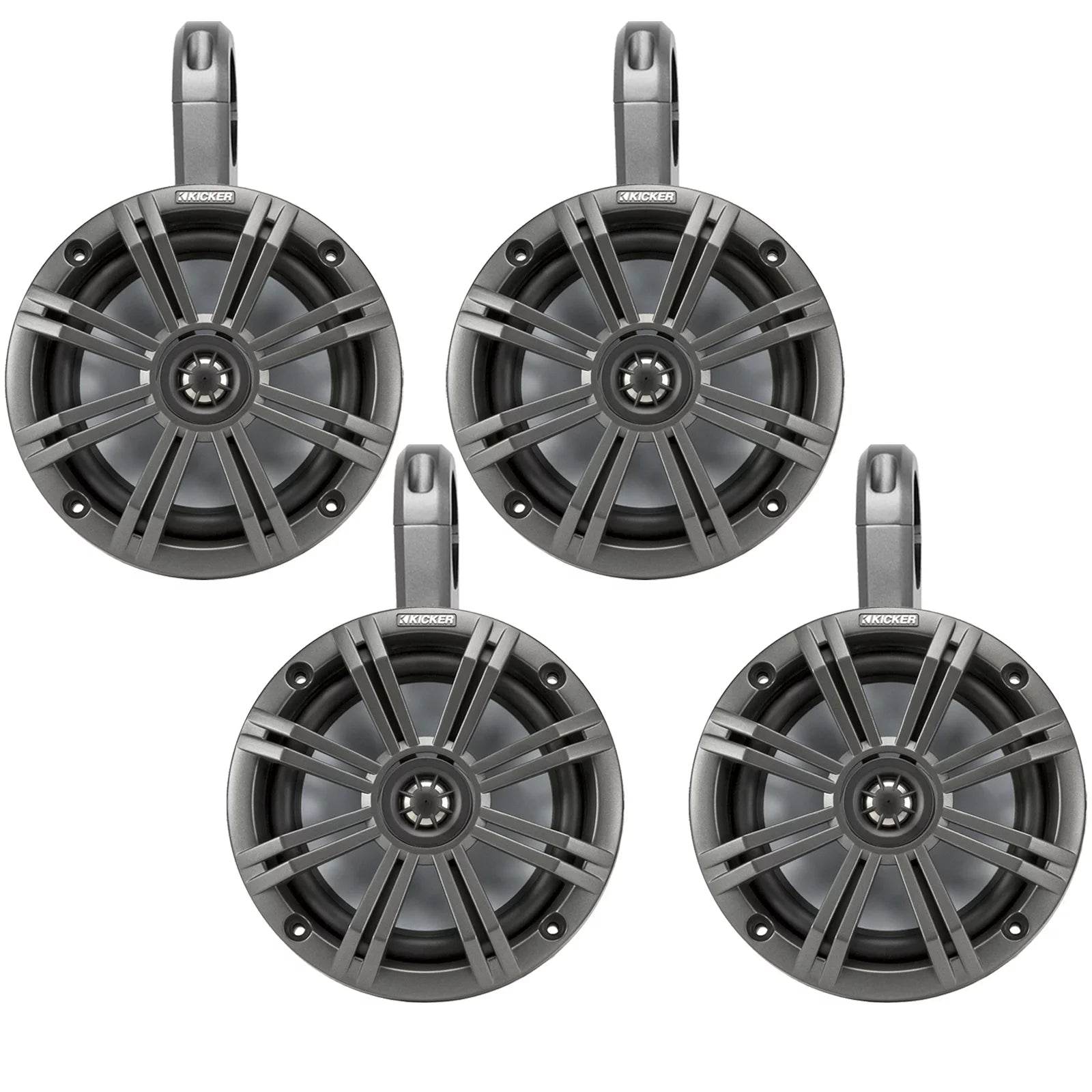2 Pair (QTY 4) of Kicker 6.5 2-Way 195 Watts Peak Power Coaxial Marine Audio Speakers with Charcoal Grilles, 6.5 Marine Tower Speaker Enclosures (2 Pair) - Black