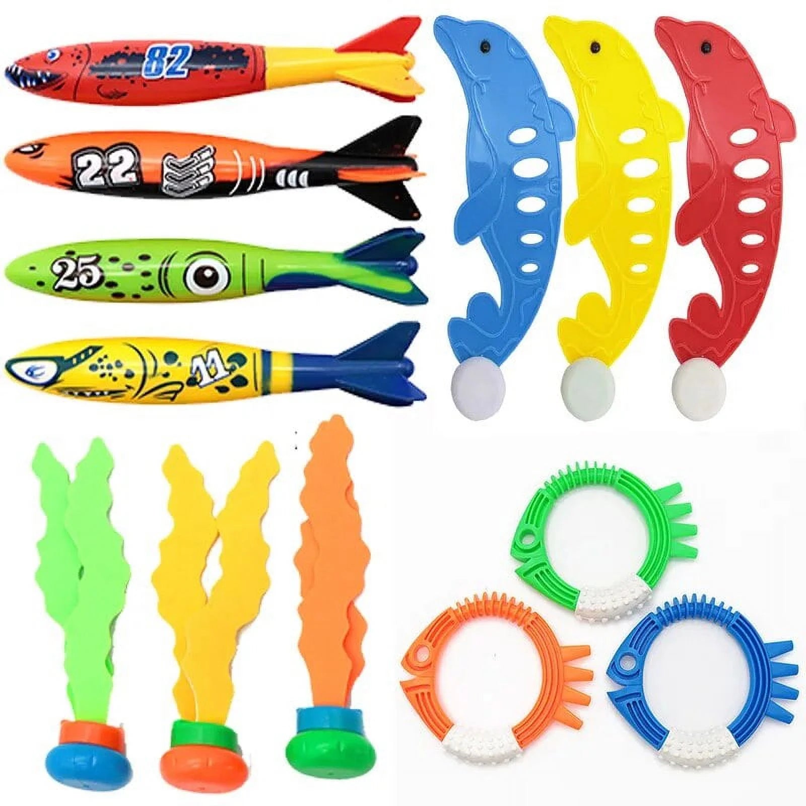 Kids Summer Shark fish Diving Toys Children's Swimming Pool Game Treasure Hunt Diving Torpedo Water Ring Diamond Water Suit Toys 13 set