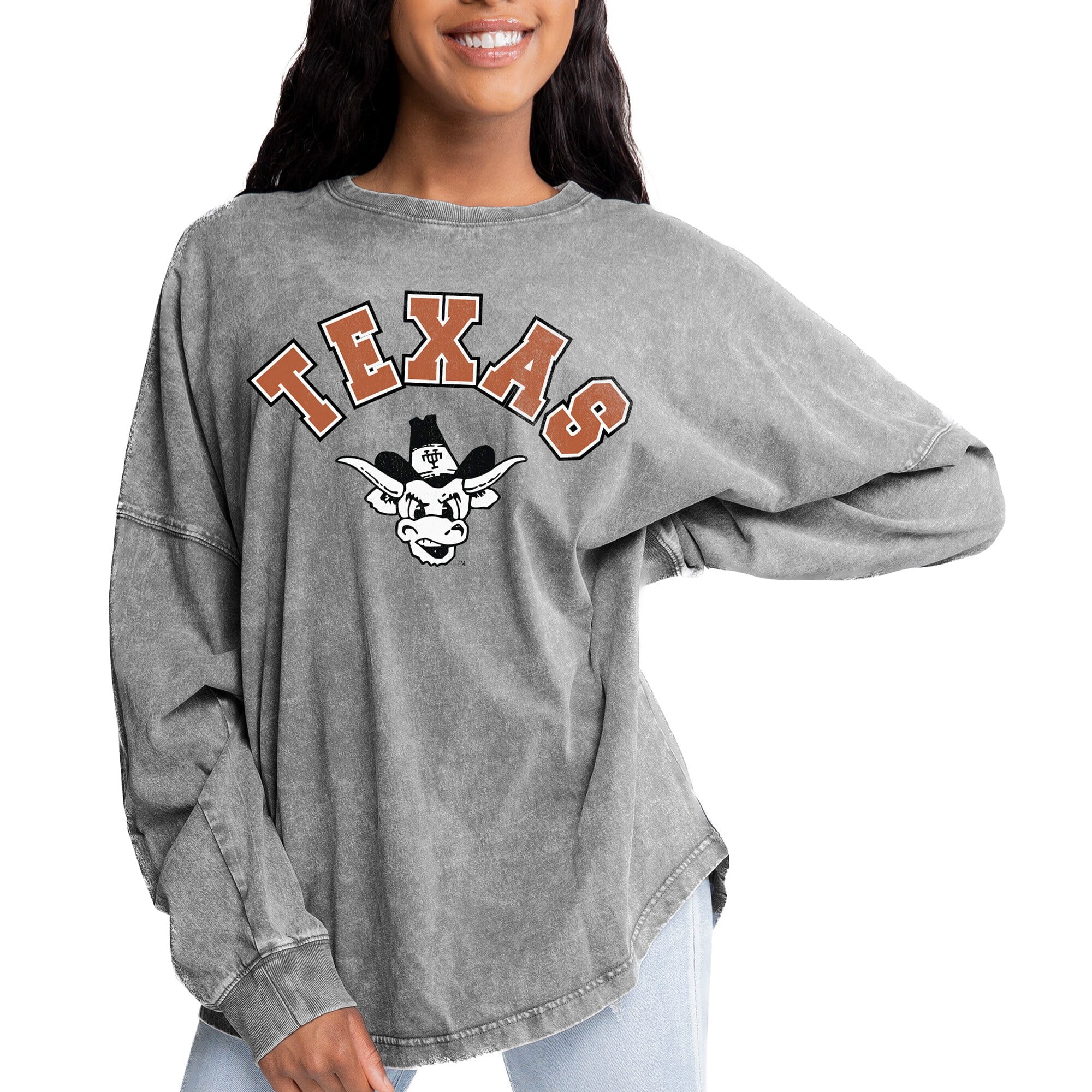 Women's Gameday Couture Gray Texas Longhorns Faded Wash Pullover Sweatshirt