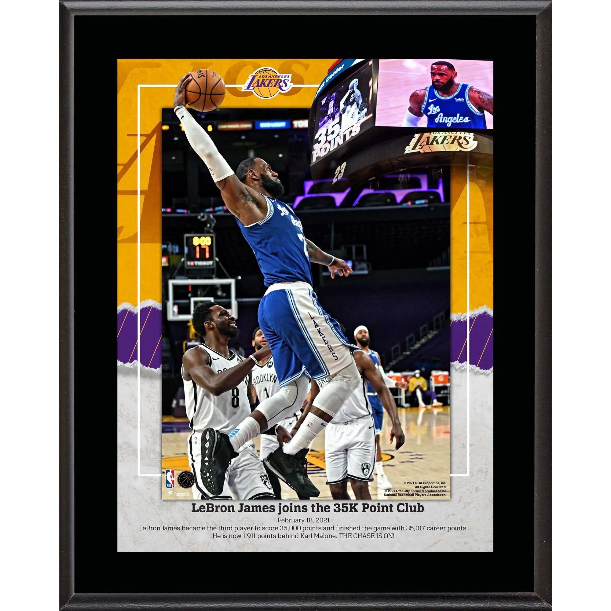 LeBron James Los Angeles Lakers Framed 10.5 x 13 3rd Player In NBA History to Score 35,000 Points Sublimated Plaque